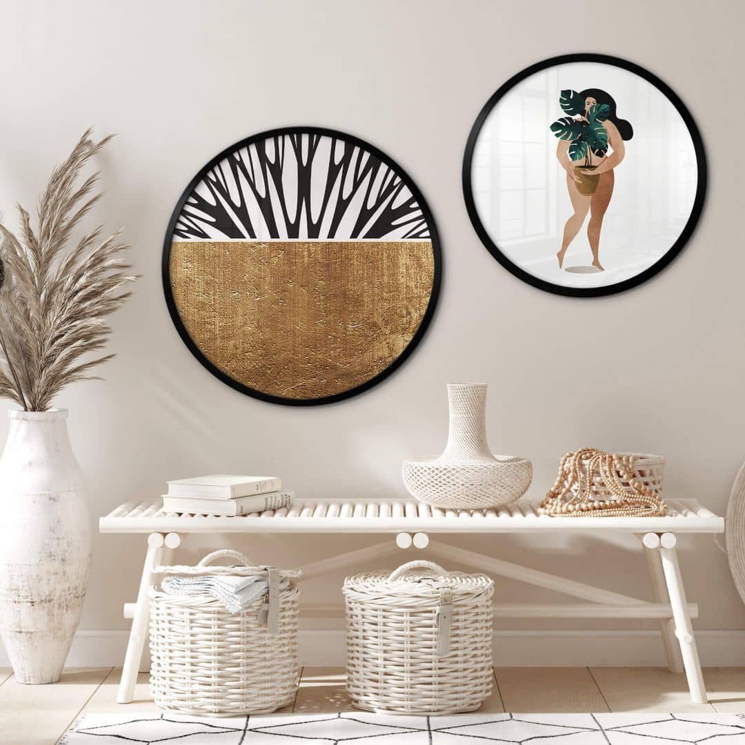 K&L Wall Art Poster Wandbild Poster Rund Feng Shui Deko Kubistika Baum des Lebens Gold, Wohnzimmer Kunst Illustration
