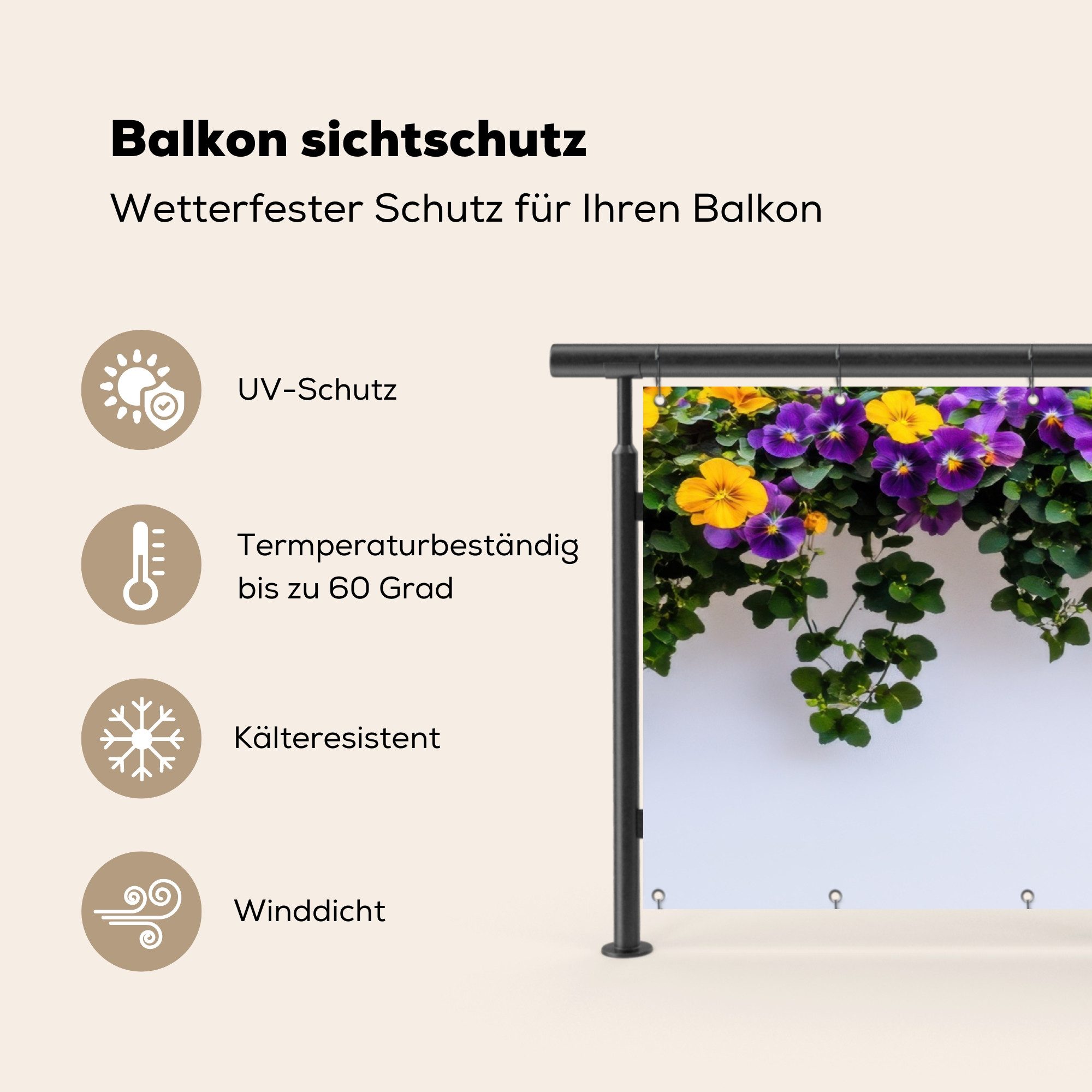 MuchoWow Balkonsichtschutz Blumen - Wand - Gelb - Lila (1-St) Balkon Sichtschutz 90x200, Windschutz für Zaun PVC, 200x90 cm