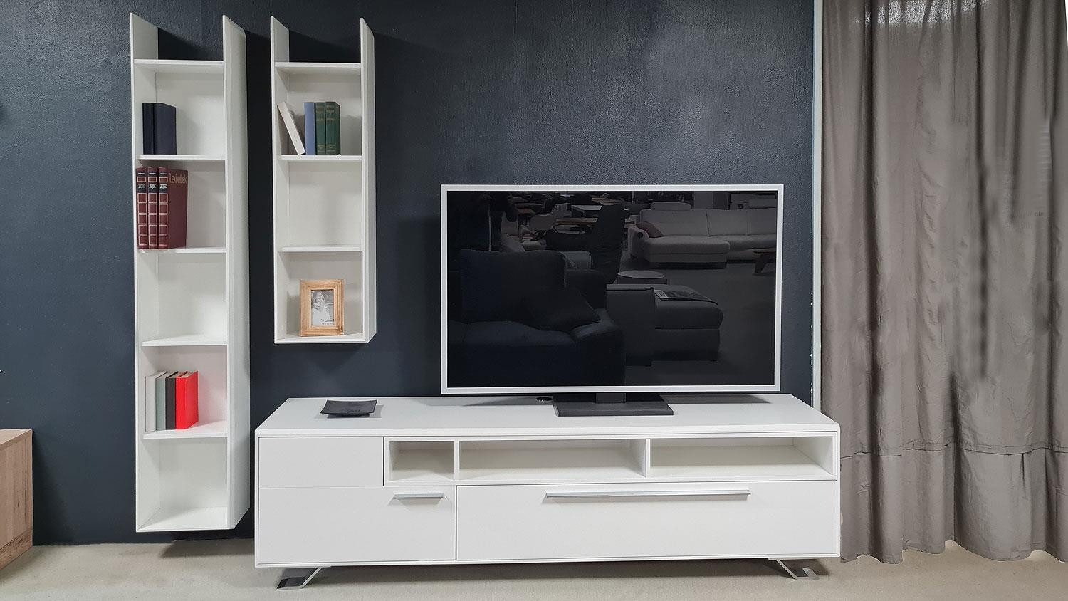 Möbel Akut Wohnwand Wohnwand Light Line 5 weiß matt Lack TV-Board und Hängeregale, (3-St)