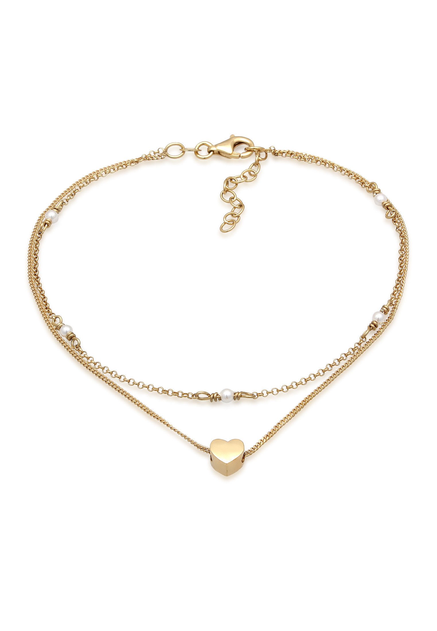 Elli Fußkette Herz Muschelkernperlen Romantik 925 Sterling Silber vergoldet, Herz