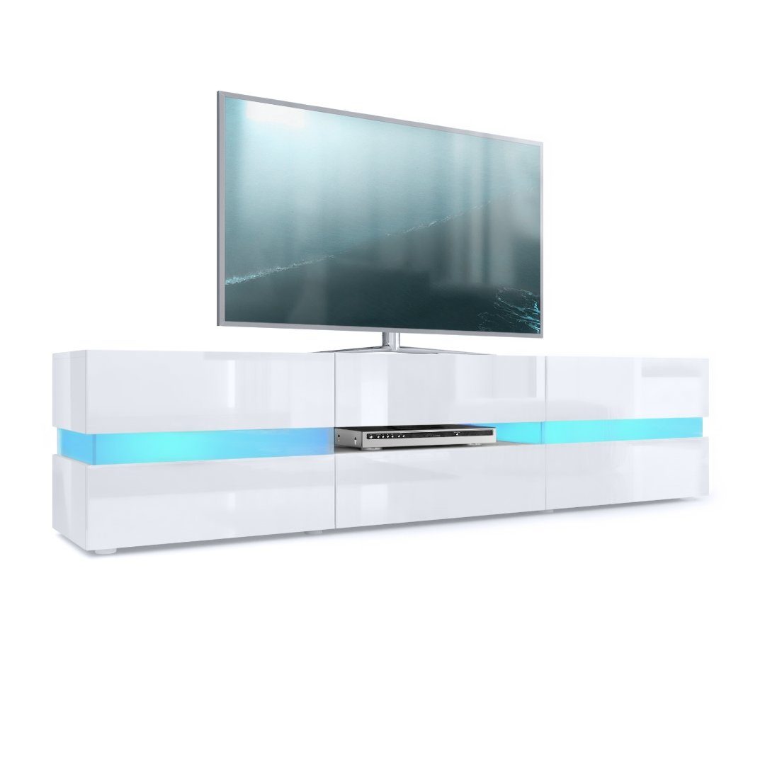 Vladon Lowboard Flow (TV-Kommode mit Ambient Light Verglasung, mit 2 Türen, 1 Schublade und 1 Klappe), Weiß Hochglanz inkl. LED-Beleuchtung (177 x 45 x 39 cm)
