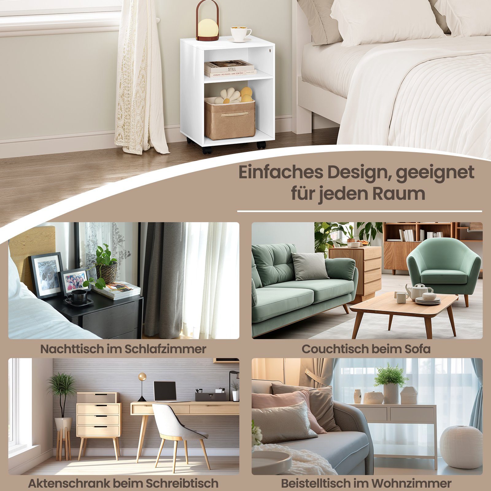 EUGAD Nachttisch (1-St), auf Rollen, Sofatisch weiß, für Schlafzimmer Wohnzimmer Büro