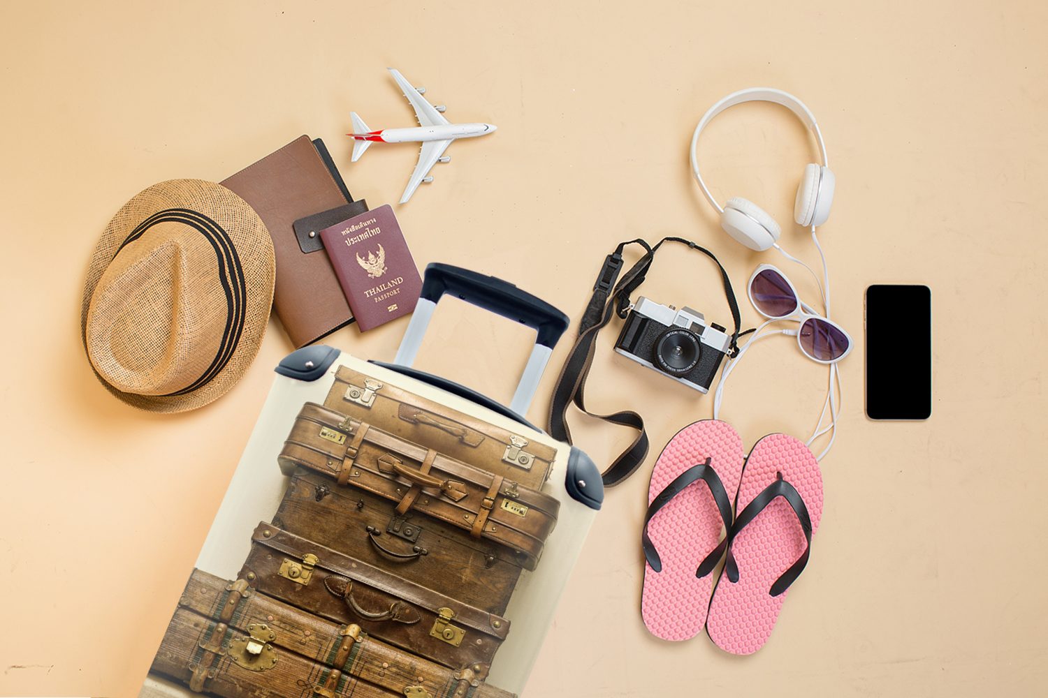 MuchoWow Handgepäckkoffer Koffer - Vintage - Antik, 4 Rollen, Reisetasche mit rollen, Handgepäck für Ferien, Trolley, Reisekoffer