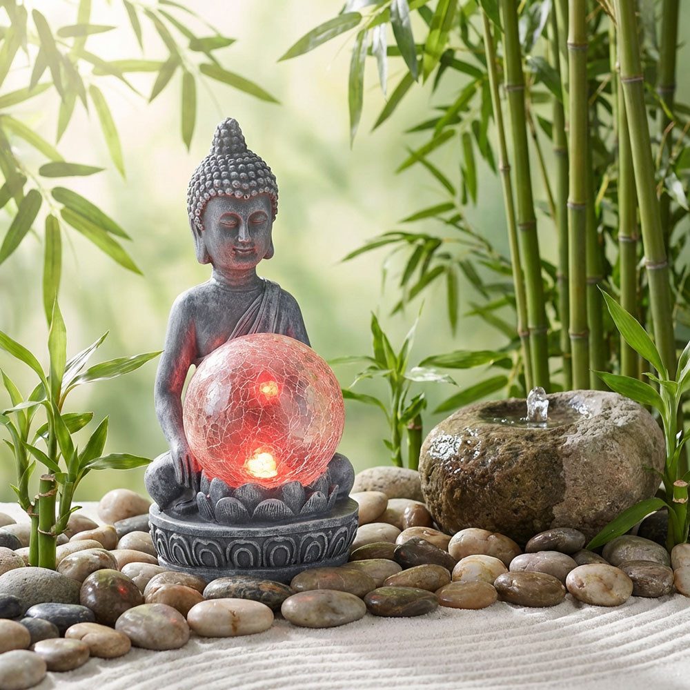 Haushalt International LED Solarleuchte, LED-Leuchtmittel fest verbaut, Farbwechsel, LED Solarleuchte Außenlampe Buddha Figur mit crackle Glaskugel 2er Set
