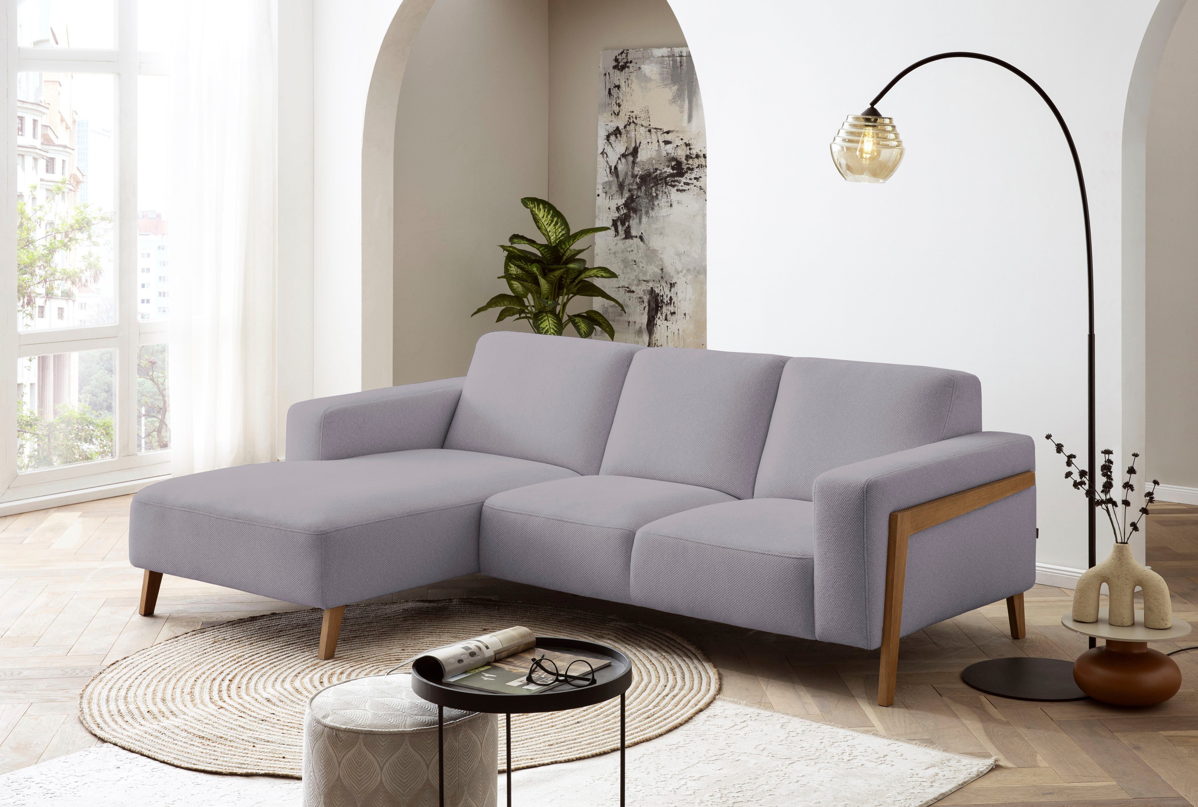 exxpo - sofa fashion Ecksofa Starr Scandic Design, tolle Verarbeitung, bequem, Sichtholz am Armteil, L-Form, wahlw. elektrische Sitztiefenverstellung, Massivholzfüße