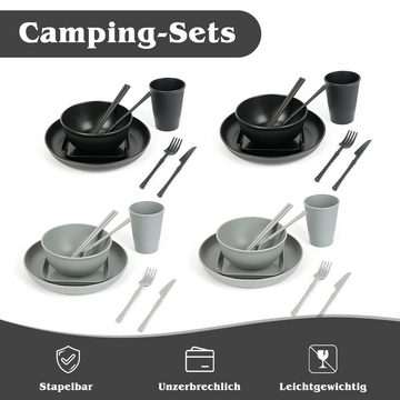 OSTWOLKE Geschirr-Set Kunststoff Geschirrset 44 Stück Camping Geschirr Set für 4 Personen, 4 Personen, Leicht und Unzerbrechlich