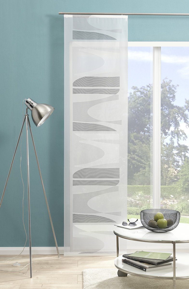 Schiebegardine Schiebegardine, Schiebevorhang transparent mit grafischem  Muster Farbe grau-weiß inkl. Dekorationssystem, eckardt INTERNATIONAL,  Schlaufen (1 St), halbtransparent
