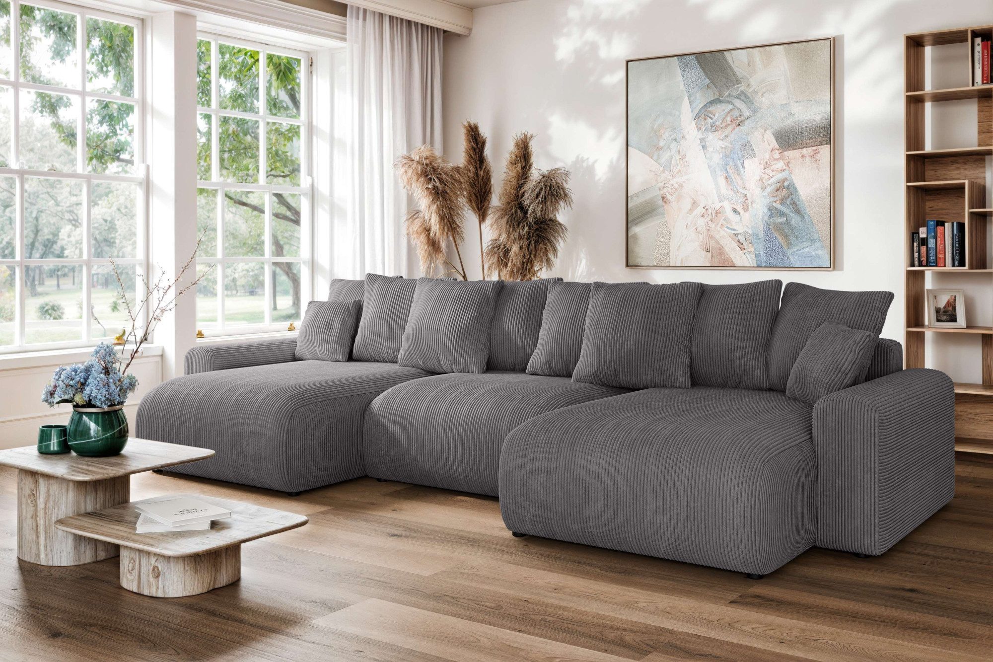 Home affaire Wohnlandschaft LAKESIDE mit Bettfunktion und Bettkasten, Maße B/T/H: 332,5/142/84 cm, U‑Form mit vielen Kissen und Wellenunterfederung