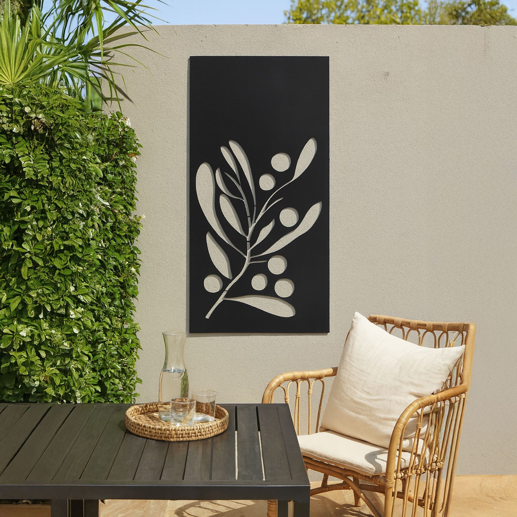 UNUS ELEMENTS Dekohänger Metallbild Olivenzweig (120x60cm), Wanddeko innen außen Aufhängehaken