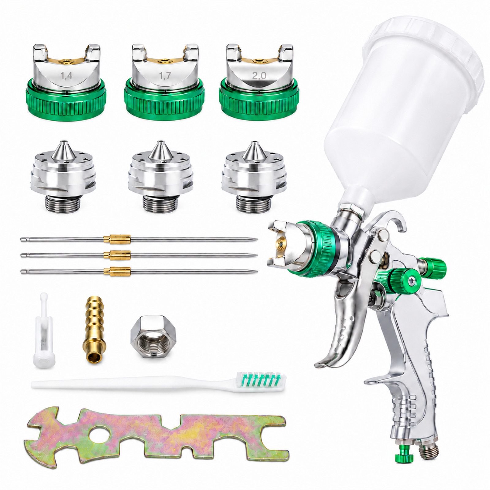 TRUTZHOLM Lackierpistole HVLP Lackierpistole 3 Edelstahldüsen 1,4mm 1,7mm 2,0mm 600ml Becher, Set, 16-tlg., Der empfohlene Druck von 2,5-3,5 bar hängt von der Lackierweise ab.
