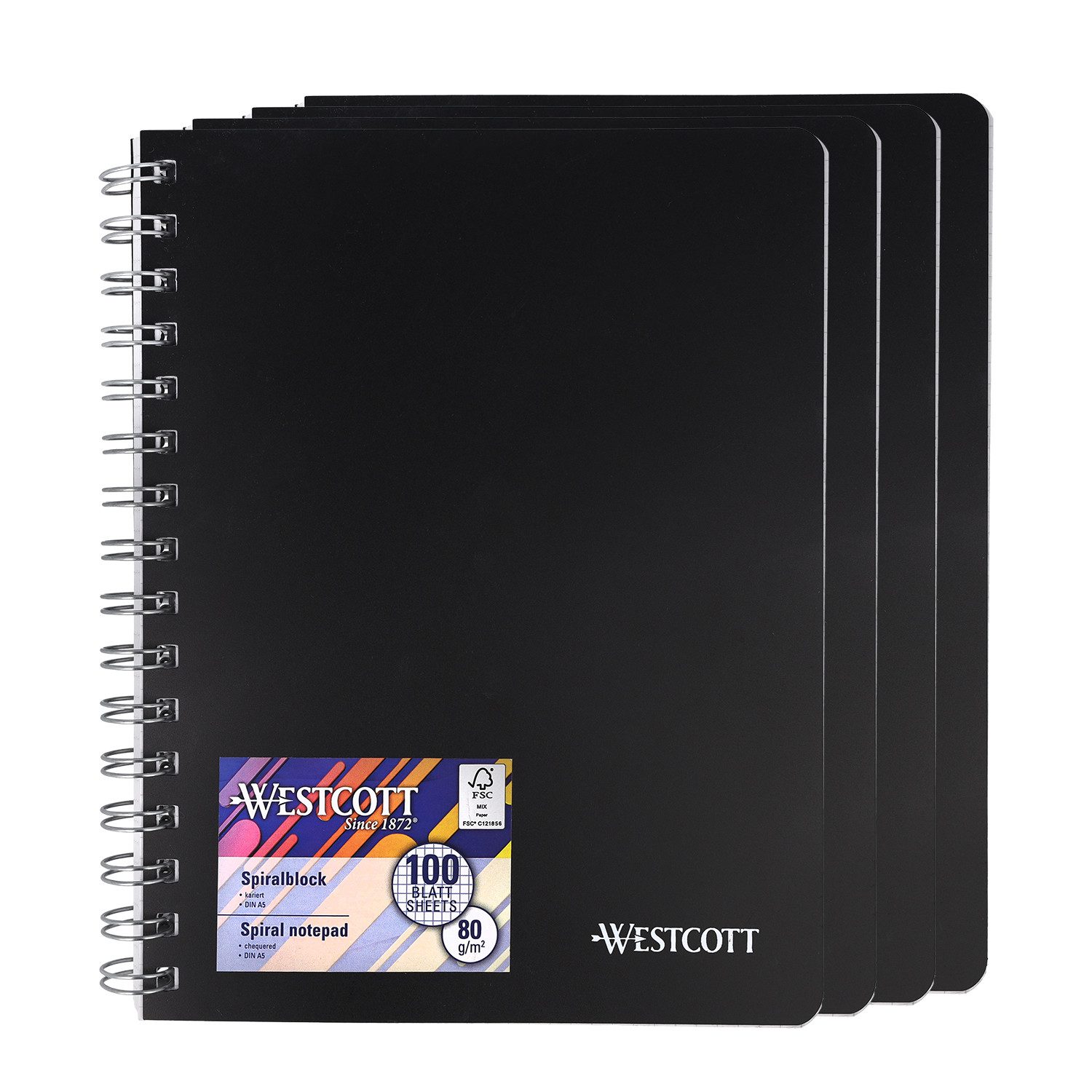 WESTCOTT Notizblock Spiralblock Notizbuch A5 kariert, 200 Seiten Ringbuch perforiert, Premium 80 g/m² Papier, Kunststoffcover