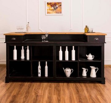 Casa Padrino Barschrank Landhausstil Thekenschrank Antik Schwarz / Naturfarben 220 x 65 x H. 107 cm - Ladentheke mit Schubladen und Ablagefächer