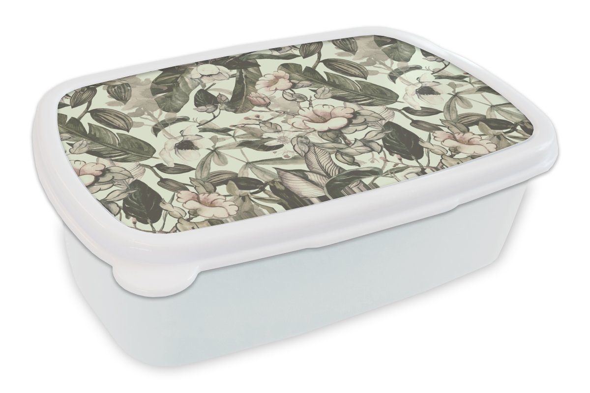 MuchoWow Lunchbox Blumen - Blätter - Vintage - Muster, Kunststoff, (2-tlg), Brotbox für Kinder und Erwachsene, Brotdose, für Jungs und Mädchen weiß