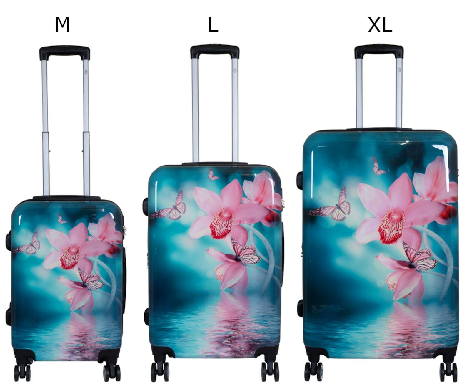 Warenhandel König Trolleyset Orchidee, 4 Rollen, (Gr. M, L und XL, 3 tlg., Hartschalen Trolley Set), mit Motiv, Dehnfalte zur Vergrößerung des Packvolumens