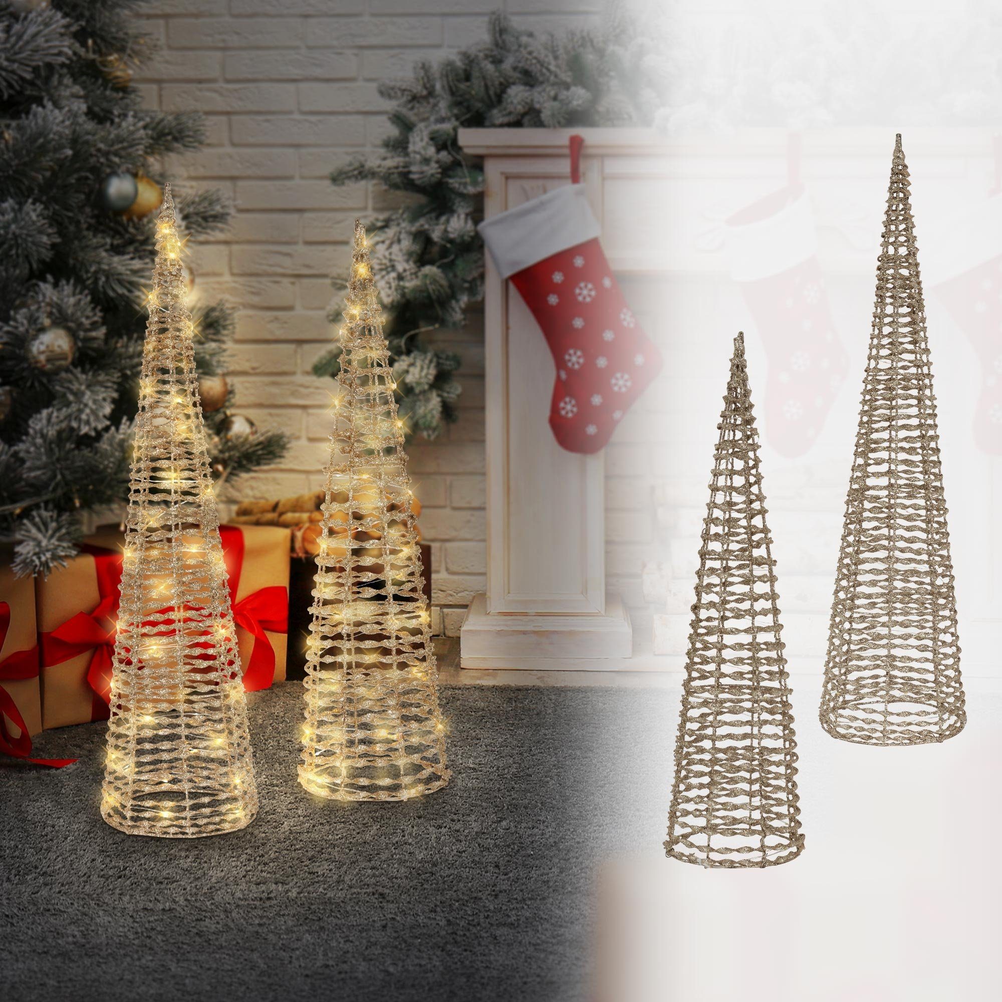 ECD Germany Weihnachtsfigur LED Lichterkegel Weihnachtsdeko 60 cm Gold aus  Metall, warmweißen, 2er Set Warmweiß 40cm-20LEDs/80cm-40LEDs Gold Metall  mit Timer