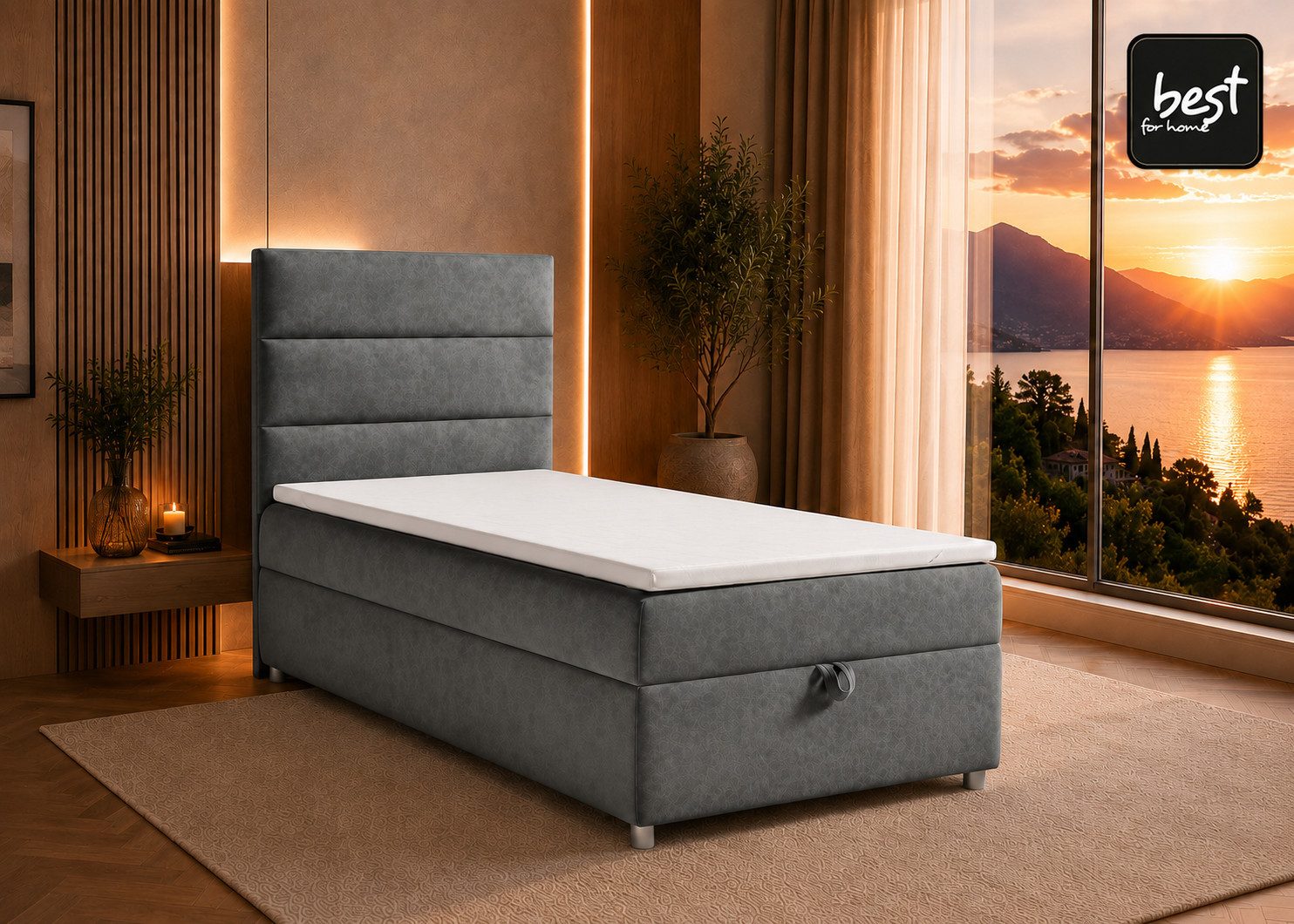 Best for Home Boxspringbett Trinity K-4 Single 5cm Topper Bonell Bettkasten (Einzelbett, Polsterbett mit gepolstertes Kopfteil, Jugendbett, Kinderbett versch. Größen, 1-St., 70x200 80x200 90x200 100x200 cm), Stauraum, ergonomischer Schlafkomfort, modernes