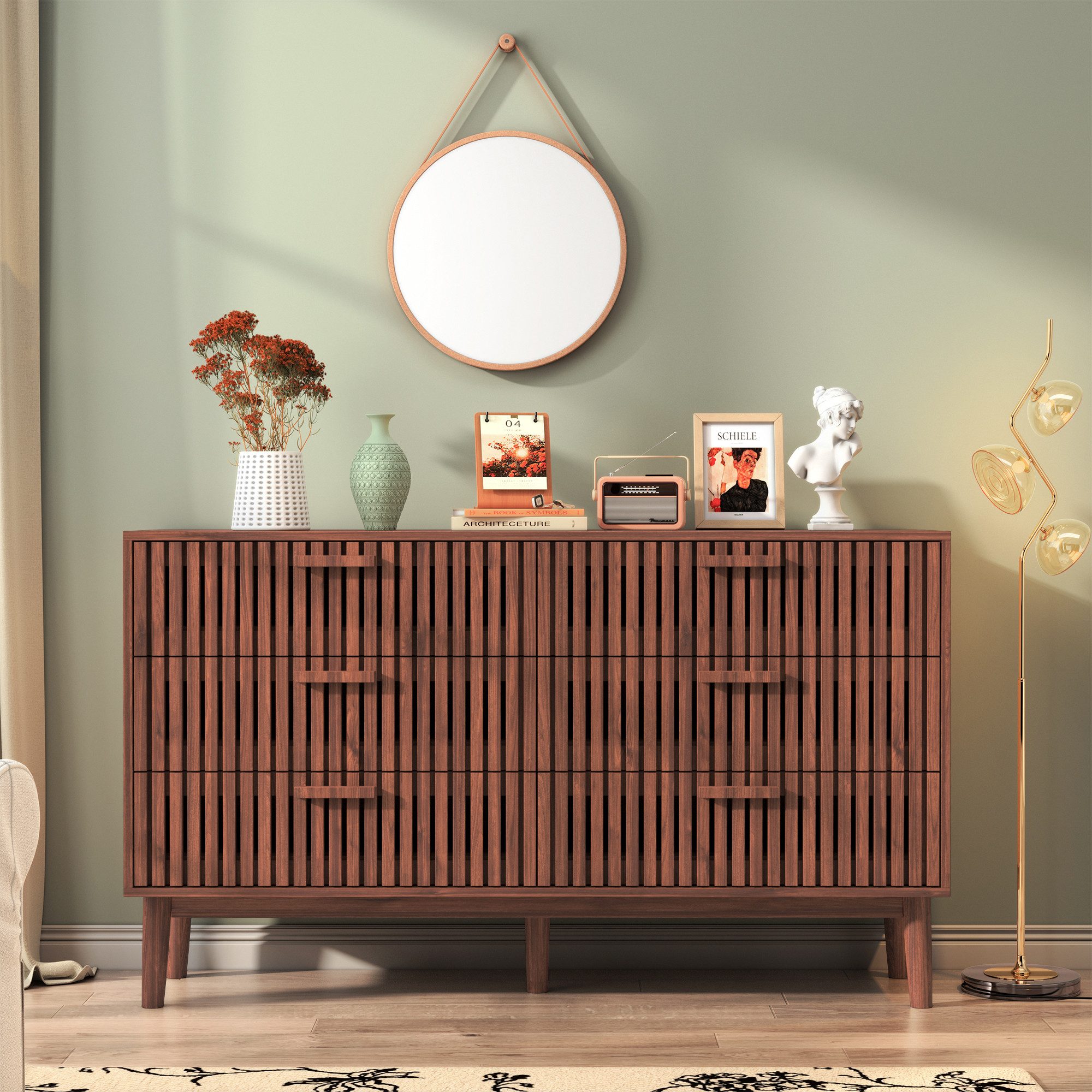 FUROKOY Kommode Sideboard Holz Küchenschrank für Wohnzimmer Schlafzimmer, Buffetschrank mit 6 Schubladen,Walnussholzfarbe – Bild 2 von 5