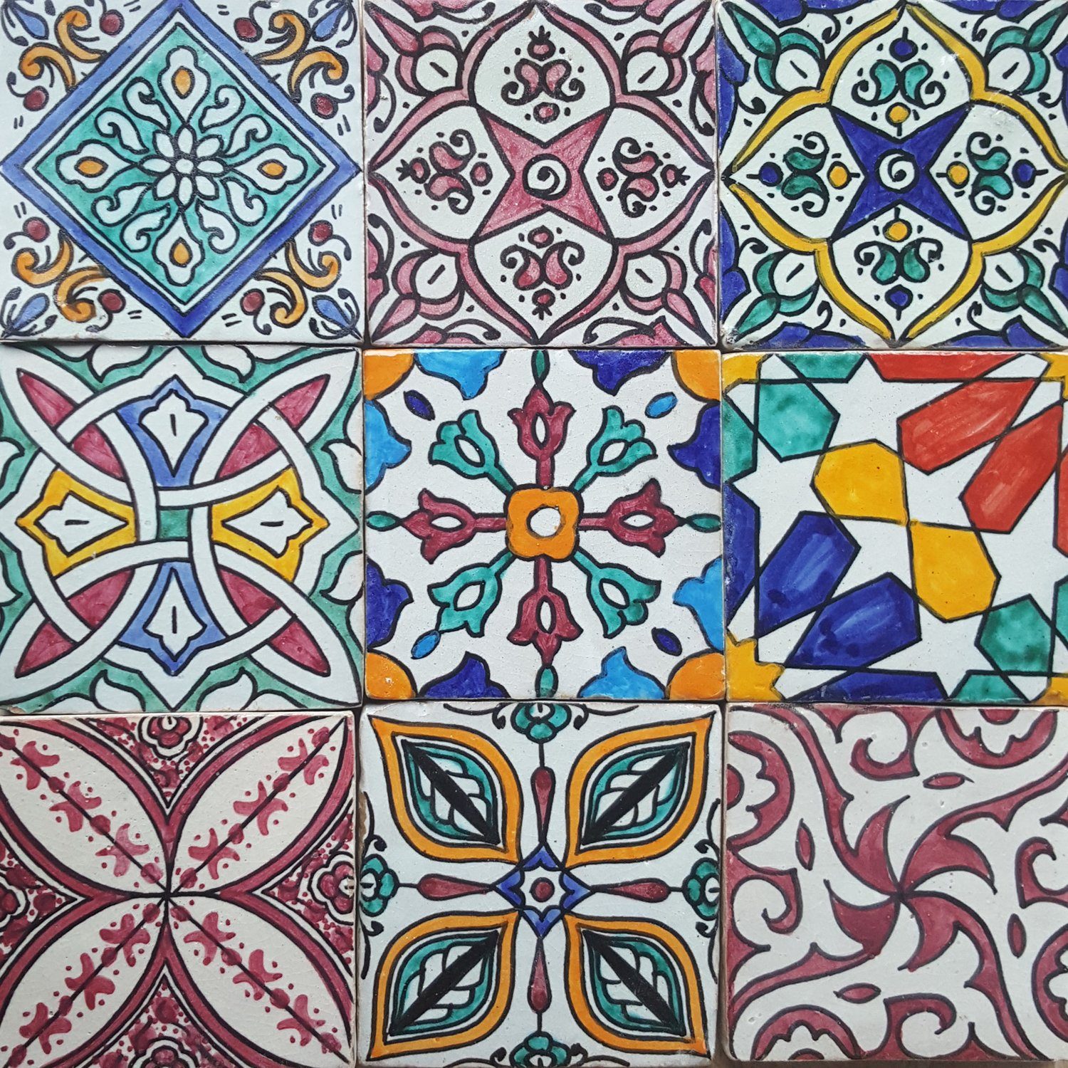 Casa Moro Wandfliese Orientalische Fliesen Bunt Mix 10x10 cm 9er Packung, Mehrfarbig, für schöne Küche Dusche Badezimmer, HBF8410, Kunsthandwerk aus Marokko Wandfliesen, handbemalte marokkanische Fliesen Patchwork