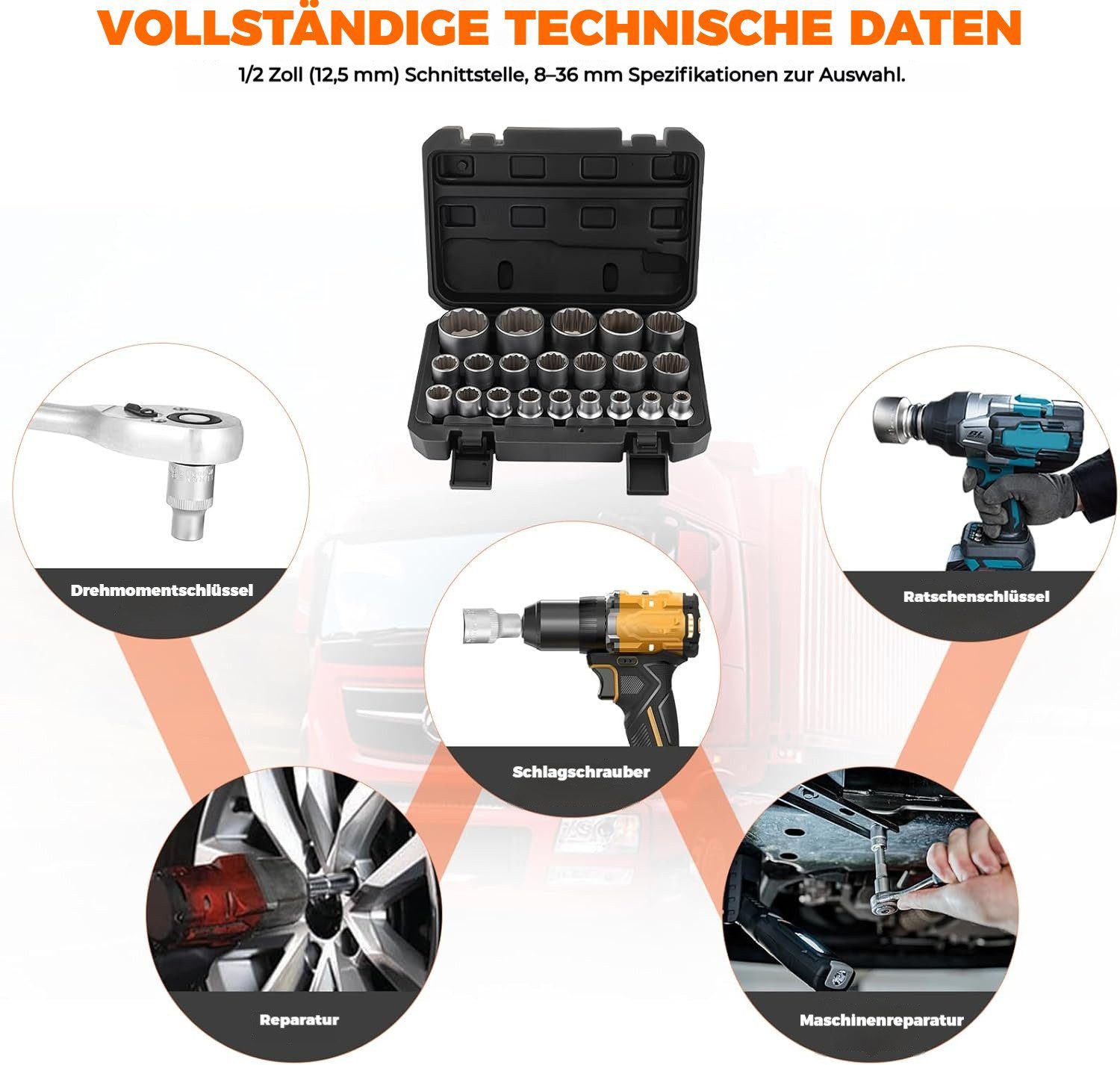 BlingBin Steckschlüssel 21Tlg 1/2 Zol Vielzahn Steckschlüssel Nusskasten (21er Set, 21 St., Kohlenstoffstahl), Steckschlüsselsatz Vielzahn 8-36 mm, für 6 und 12 – Bild 4 von 5