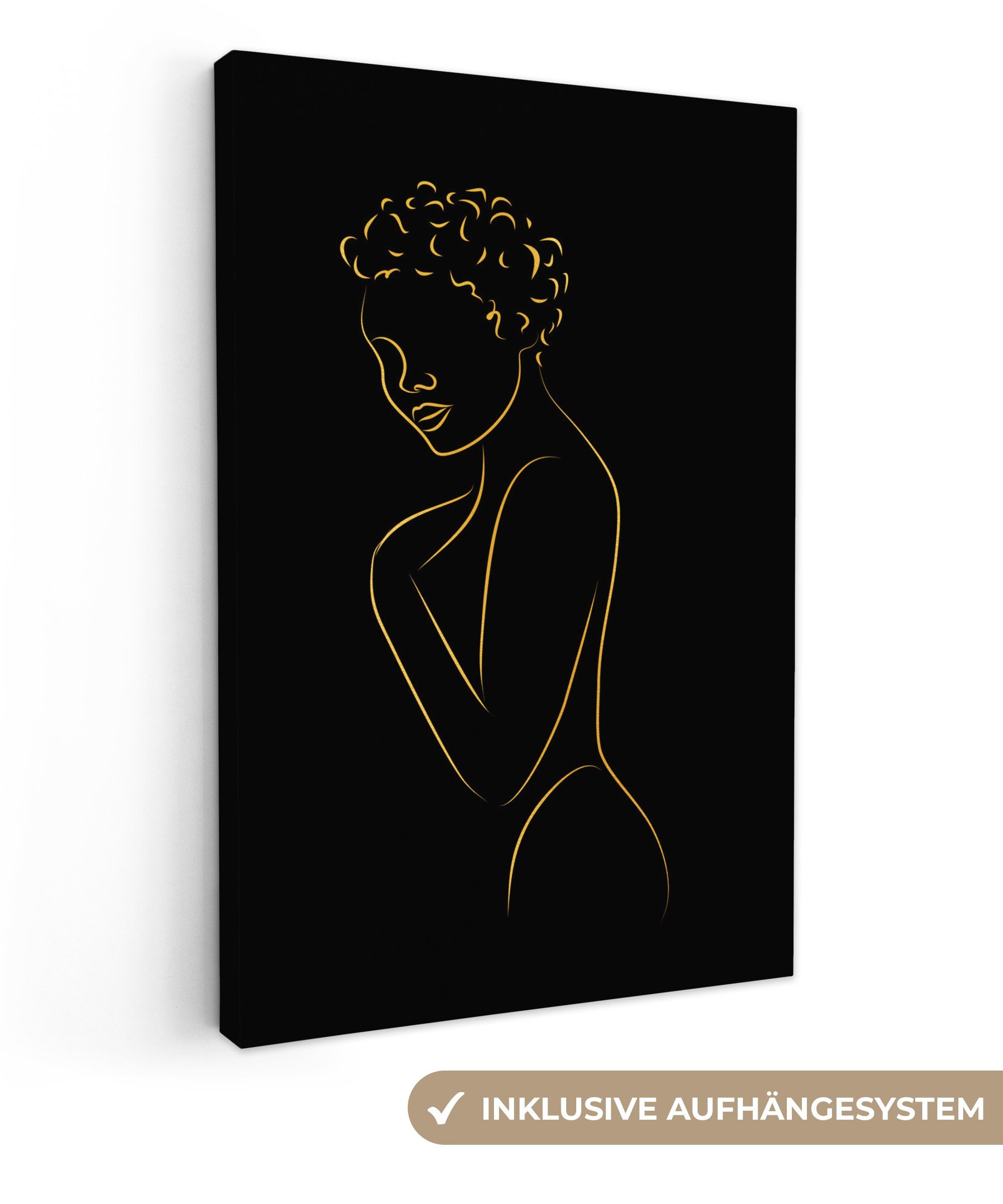 OneMillionCanvasses® Leinwandbild Frau - Gold (1 fertig St), bespannt Zackenaufhänger, Schwarz - Strichzeichnung, Leinwandbild Gemälde, cm - 20x30 inkl