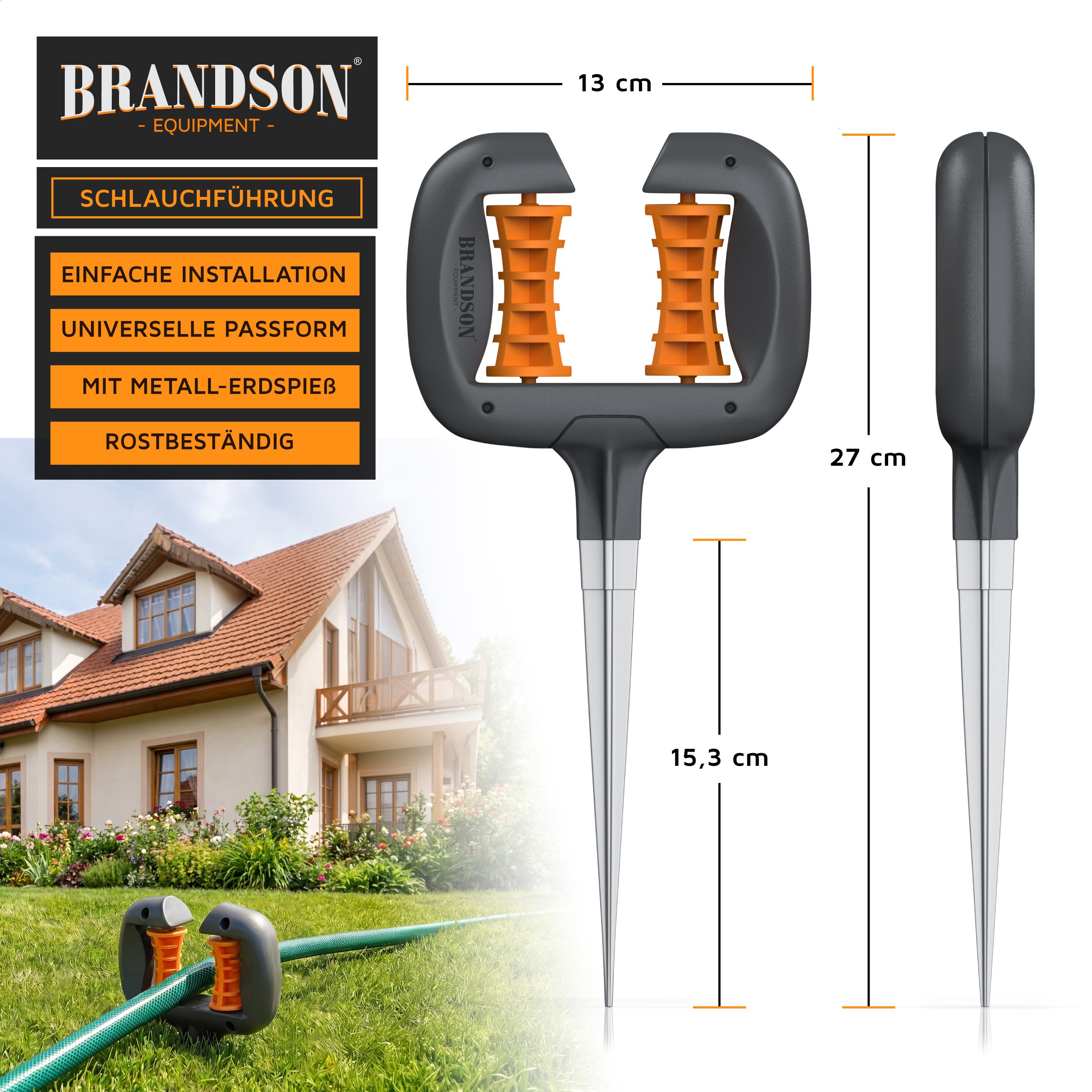 Brandson Schlauchhalterung Schlauchführung mit Erdspieß, Rollenführung, ABS Gartenschlauchführung, (1-tlg., mit Erdspieß, Rasen- und Gartenschutz, Führungsrollen mit Knick- & Blumenbeetschutz)