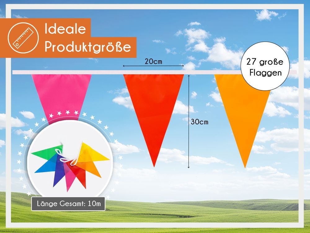 PHENO FLAGS Flagge Wimpelkette mit 7 Farben, 10m, wiederverwendbar