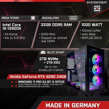 SYSTEMTREFF Gaming-PC (Intel Core i9 13900K, GeForce RTX 4090, 32 GB RAM, 2000 GB SSD, Wasserkühlung, Windows 11, WLAN)