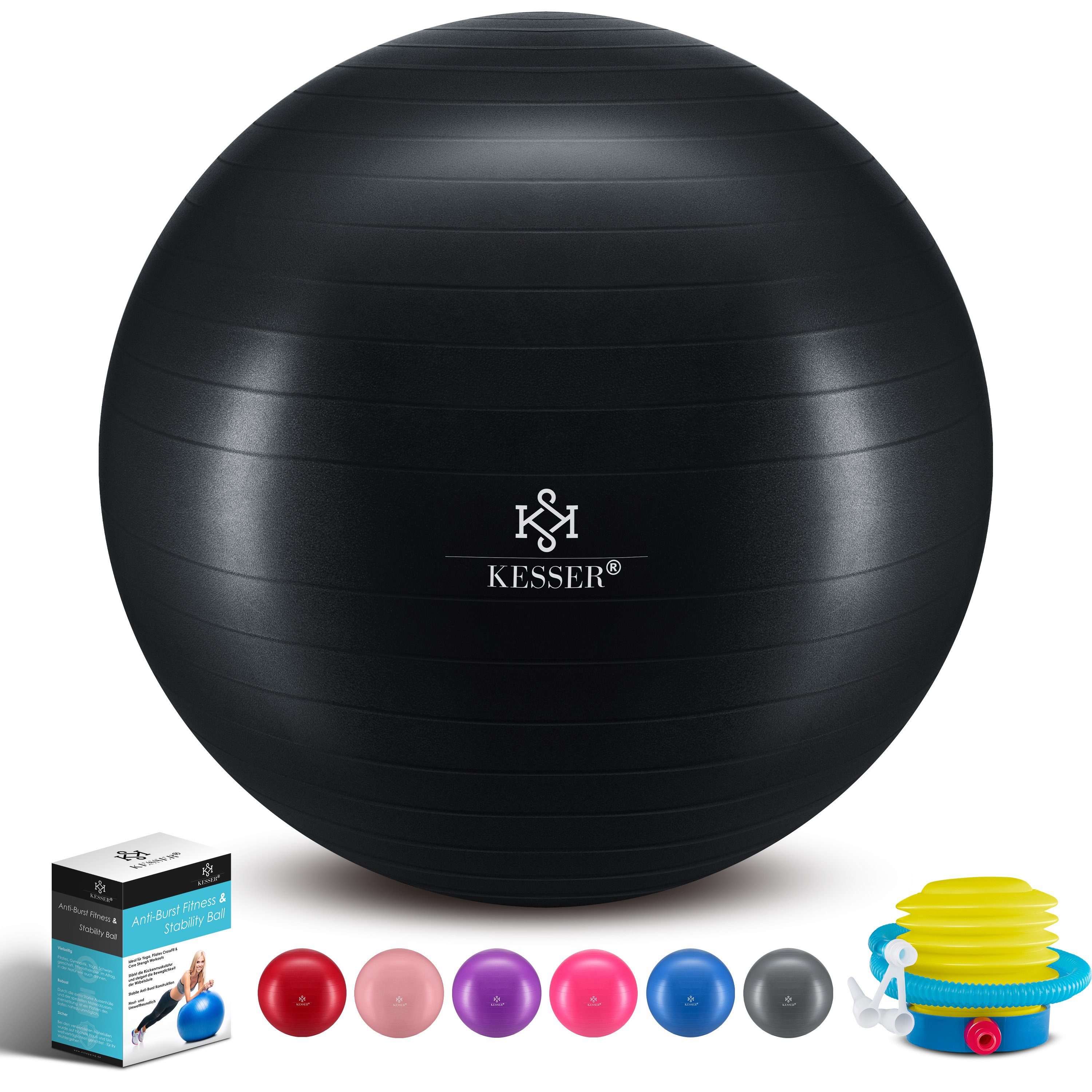 KESSER Gymnastikball, Dicker Luftpumpe BPA-Frei Gymnastikball schwarz mit Pumpe Yogaball
