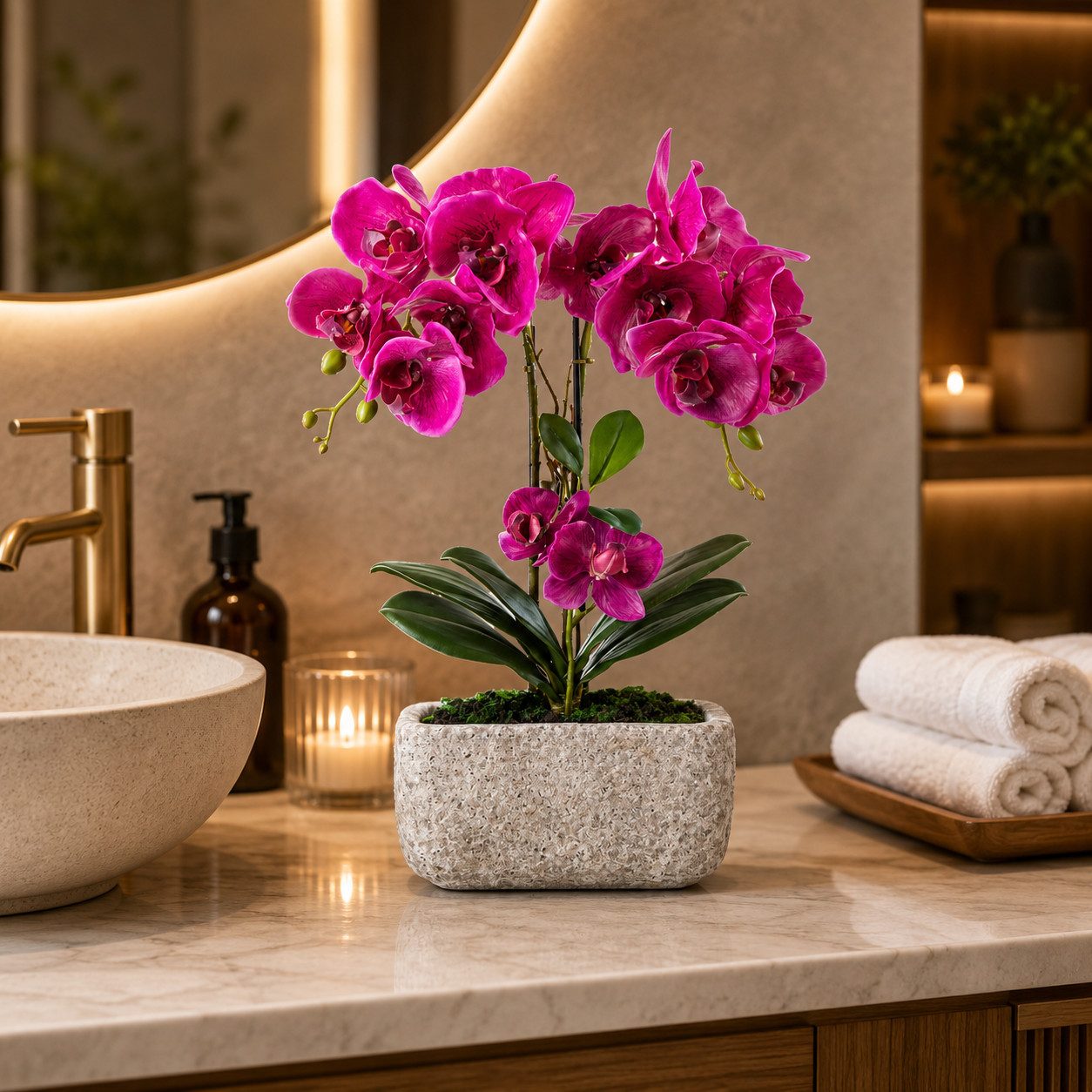 Kunstorchidee PASCH® Orchidee künstlich wie echt (40cm) in Urban Stone Töpfen Orchidee, PASCH, Real Touch Blüten, Handgefertigter Stone Cube – Bild 5 von 5