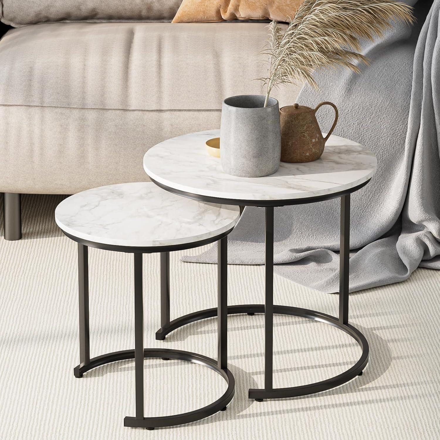Couchtisch Couchtisch Rund 2er Set Schwarz Metall Marble Design