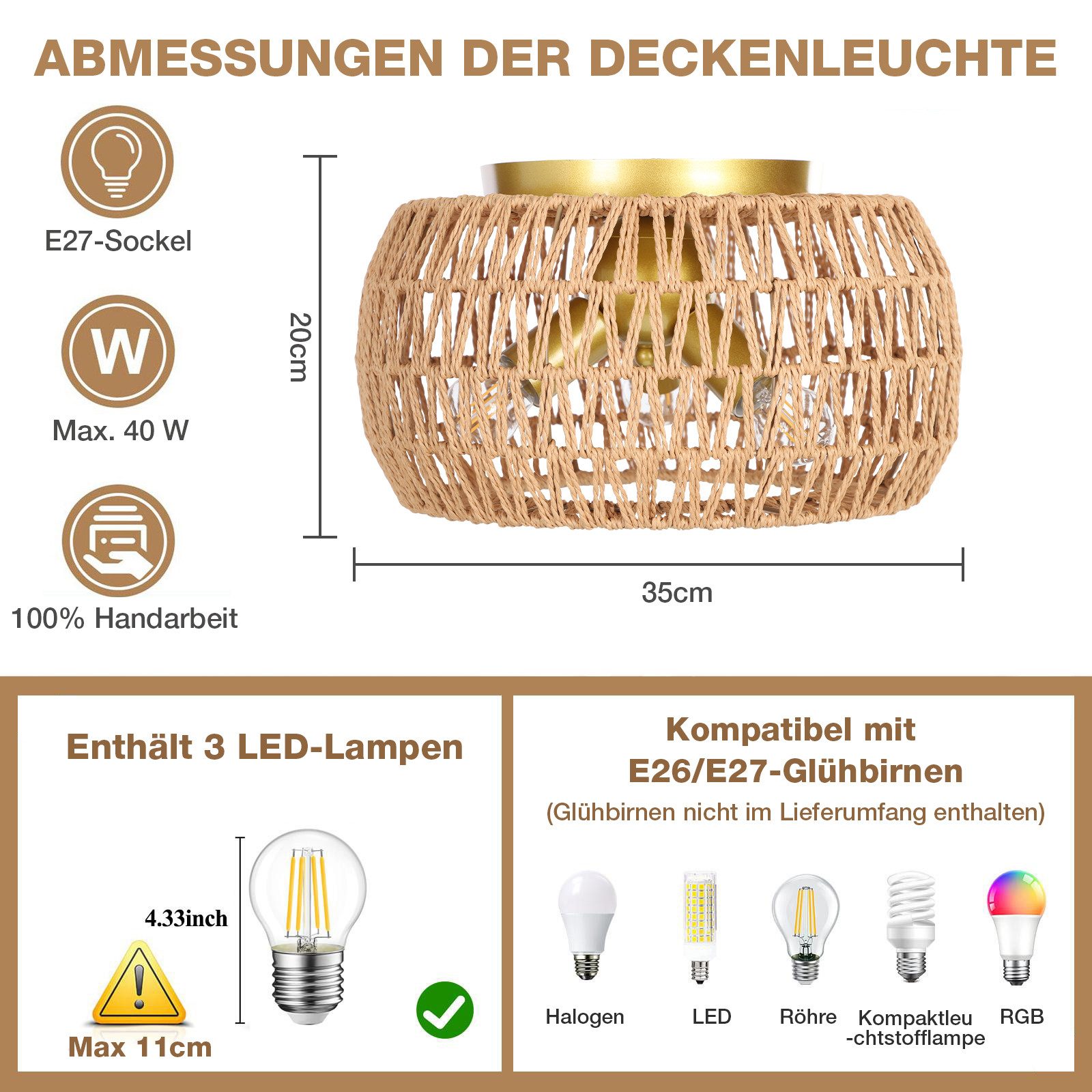 Jibenhome Deckenleuchte Boho Rattan Deckenleuchte mit Rattan Lampenschirm & günstig online kaufen