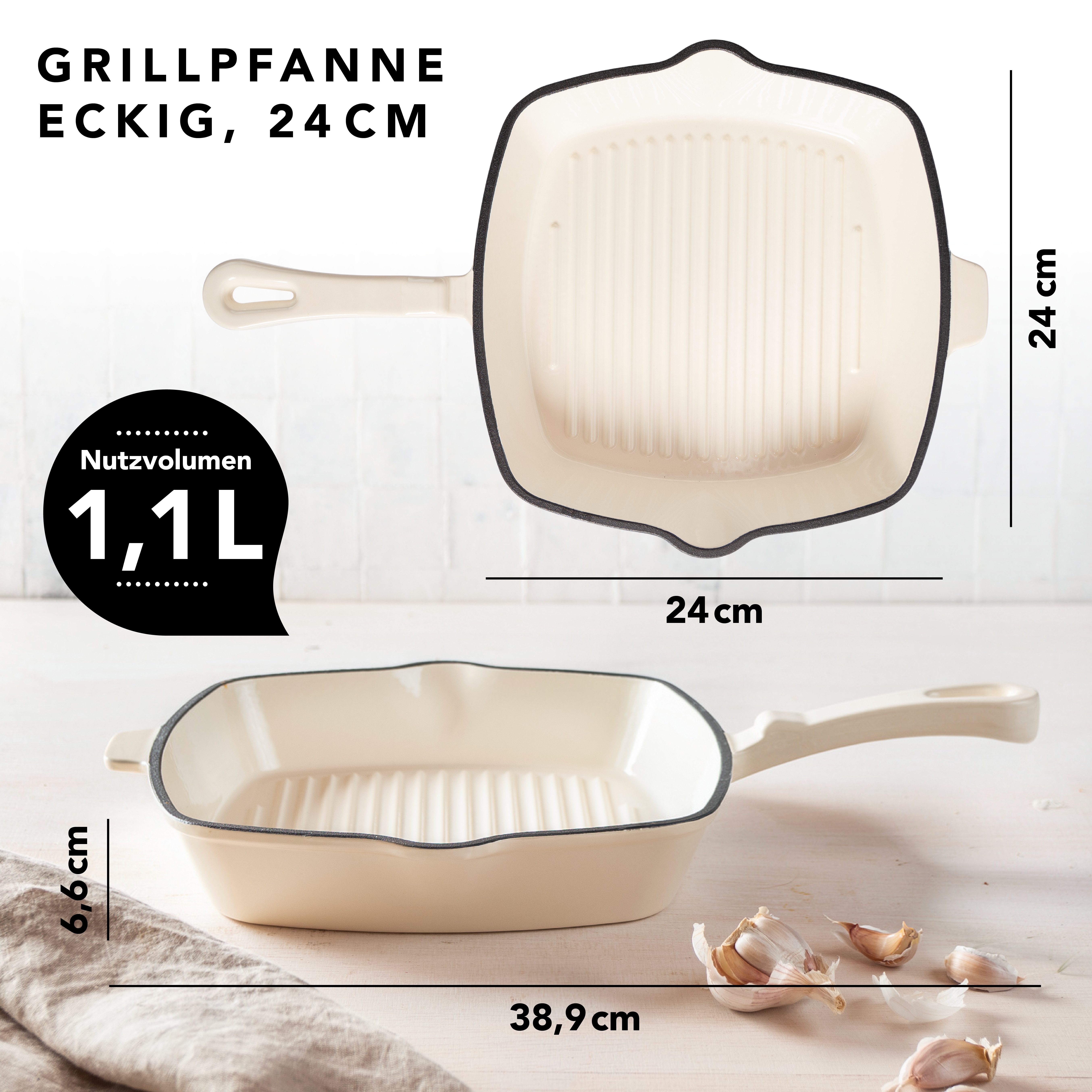 RÖMERTOPF Grillpfanne Gusseisen Grillpfanne 24cm Creme, Gusseisen (Set, Set), Alle Herdarten inkl. Induktion, bis 250 °C