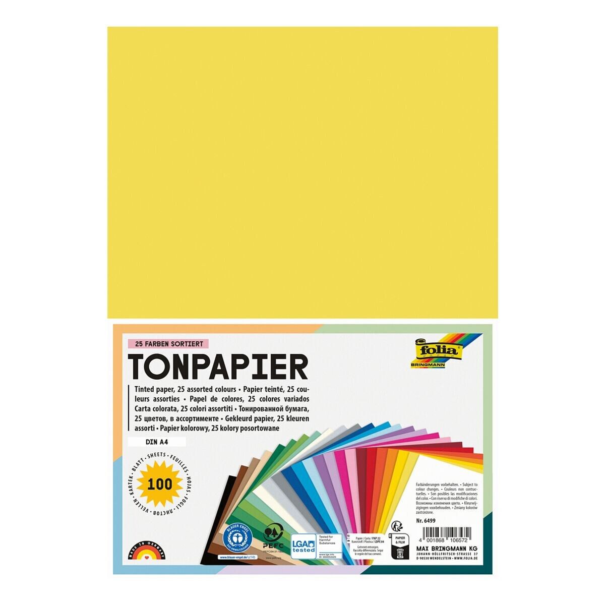 Folia Bastelkartonpapier, Tonpapier in 25 Farben, Format A4, 130g/m², 100 Blatt