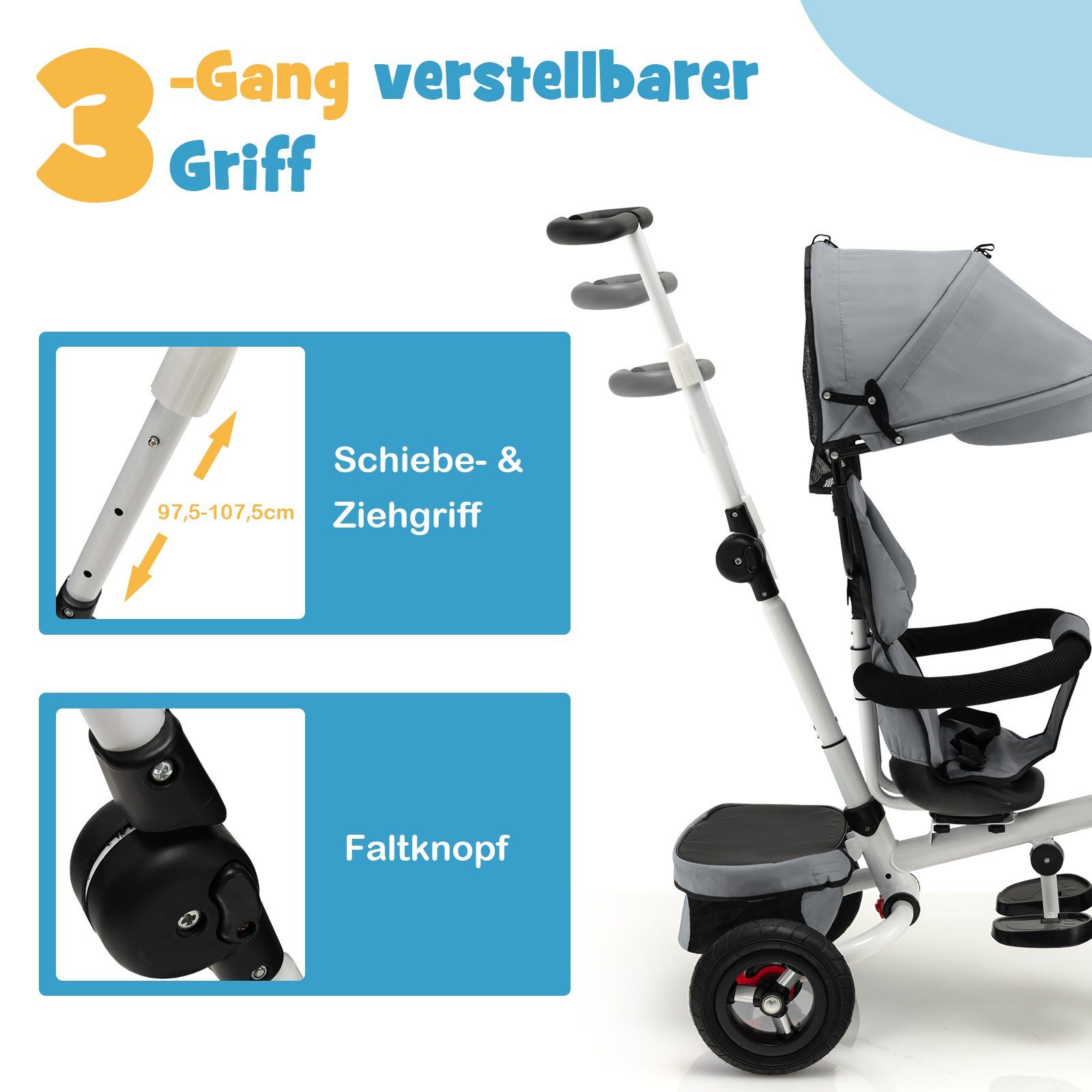 COSTWAY Dreirad, 4 in 1 Kinderwagen Lenkstange mit Dach