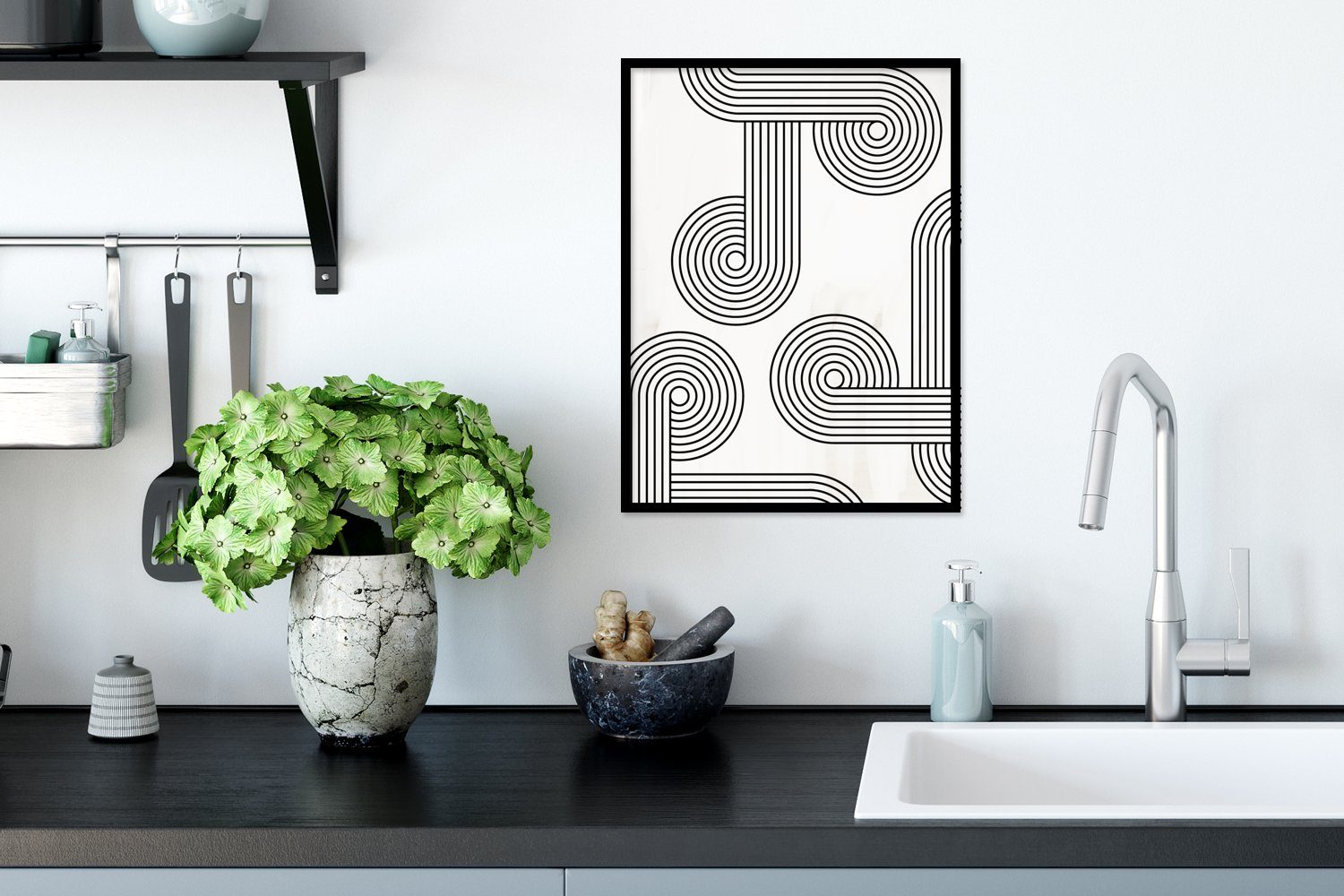 MuchoWow Poster Kunst - Kreis mit (1 St), Schwarz Kunstdruck, - - Rahmen, Gerahmtes Schwarzem Bilderrahmen Weiß, Poster