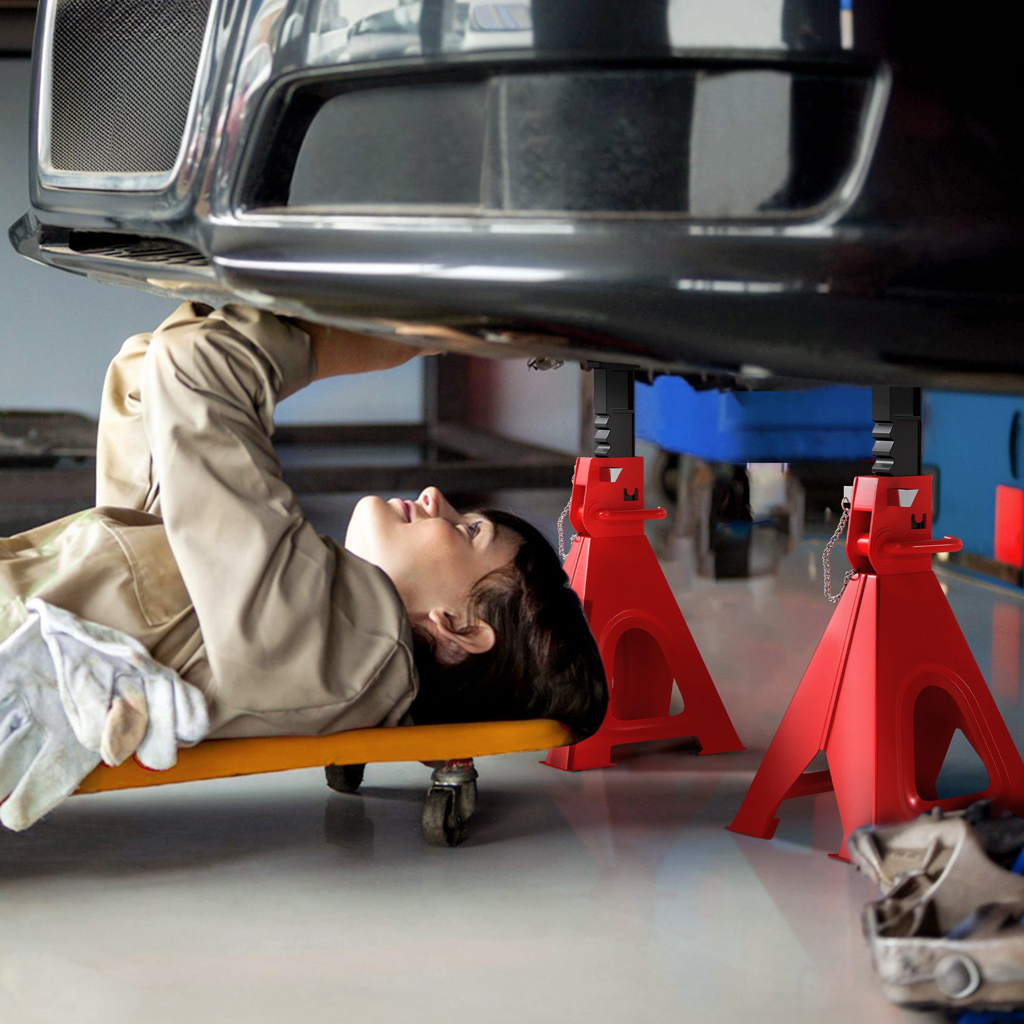 HOMCOM Unterstellbock inkl Sicherungssplint, 13 stufig höhenverstellbar, 6000 kg max. Belastbarkeit, (6 Tonnen traglast Stützbock, 2-St., Unterstellböcke), 375 mm bis 592 mm, für Werkstatt Garage Rot