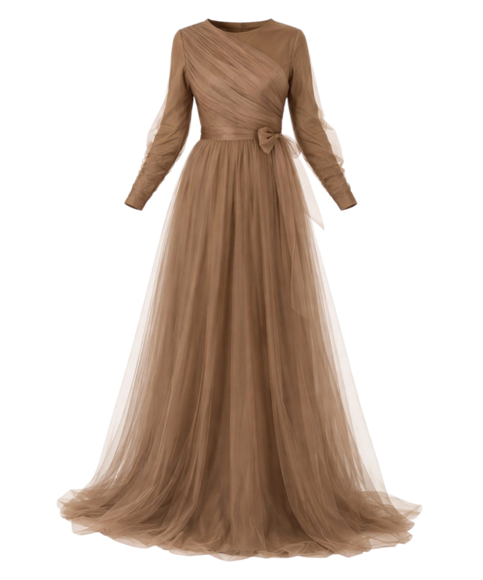 Modavitrini Tüllkleid Maxikleid langarm Abendkleid festlich elegant mit Gürtel bodenlang gefüttert, blickdicht