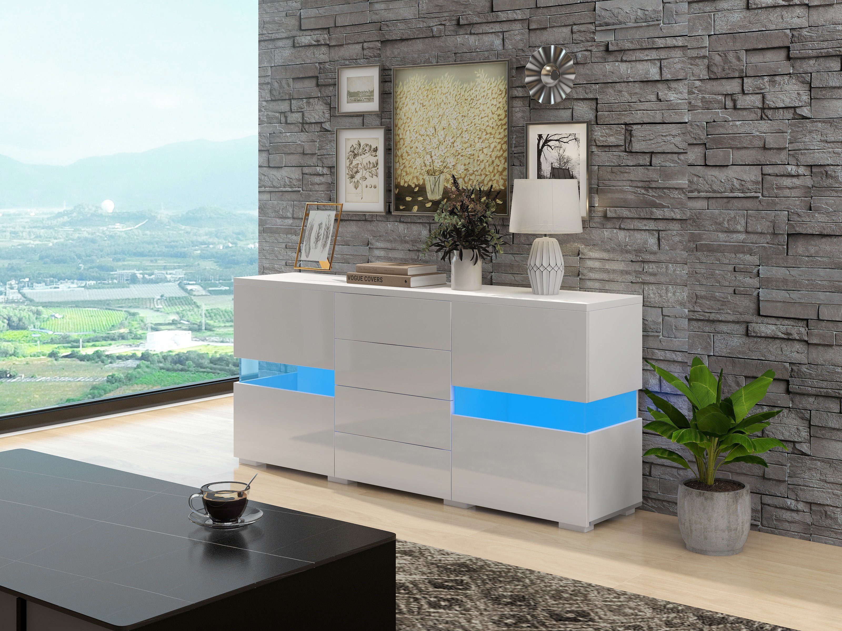 Odikalo TV-Schrank Hochglanz Weiß Sideboard Lagerung Schrank Anrichte Kombikommode