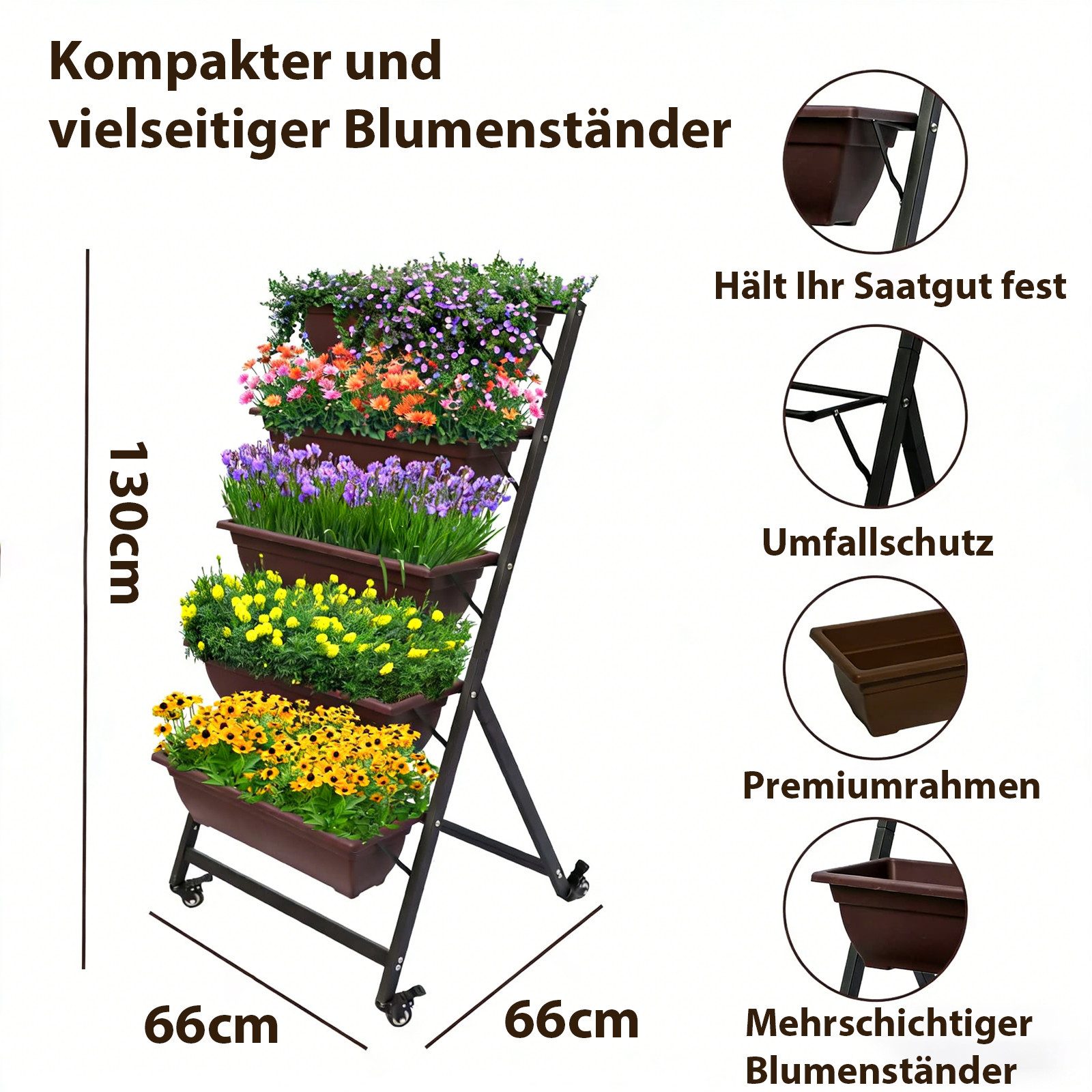 BIGTREE Hochbeet Balkon,Pflanzentreppe Vertikalbeet, Erdbeerrega mit 5 Etagen (5 St., mit rollen,Behälterboxen & Drainagelöchern B×T×H: 66cm×66cm×130cm)