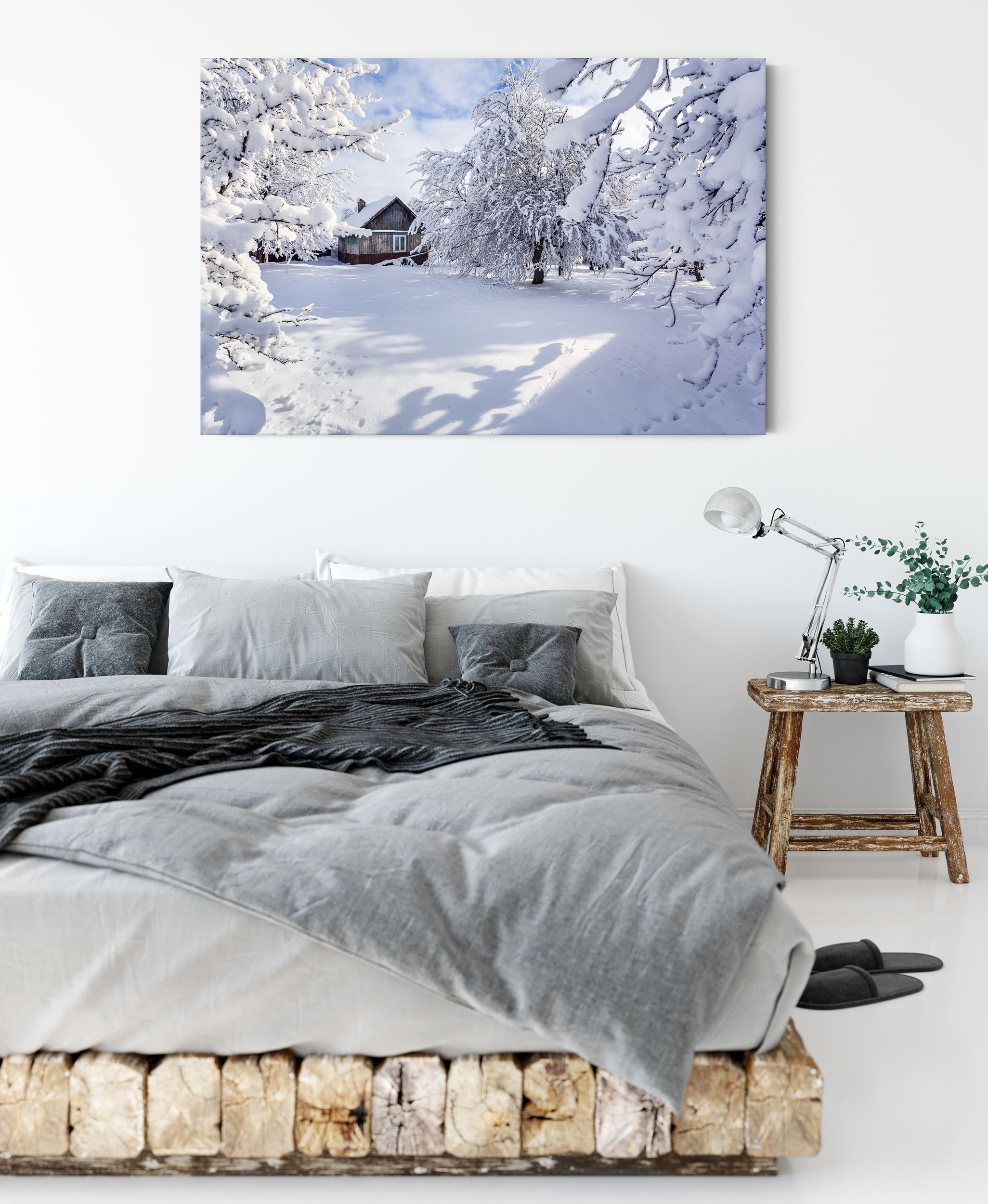 Pixxprint Leinwandbild Winterlandschaft (1 inkl. Leinwandbild fertig Hütte, mit bespannt, Zackenaufhänger Hütte St), mit Winterlandschaft