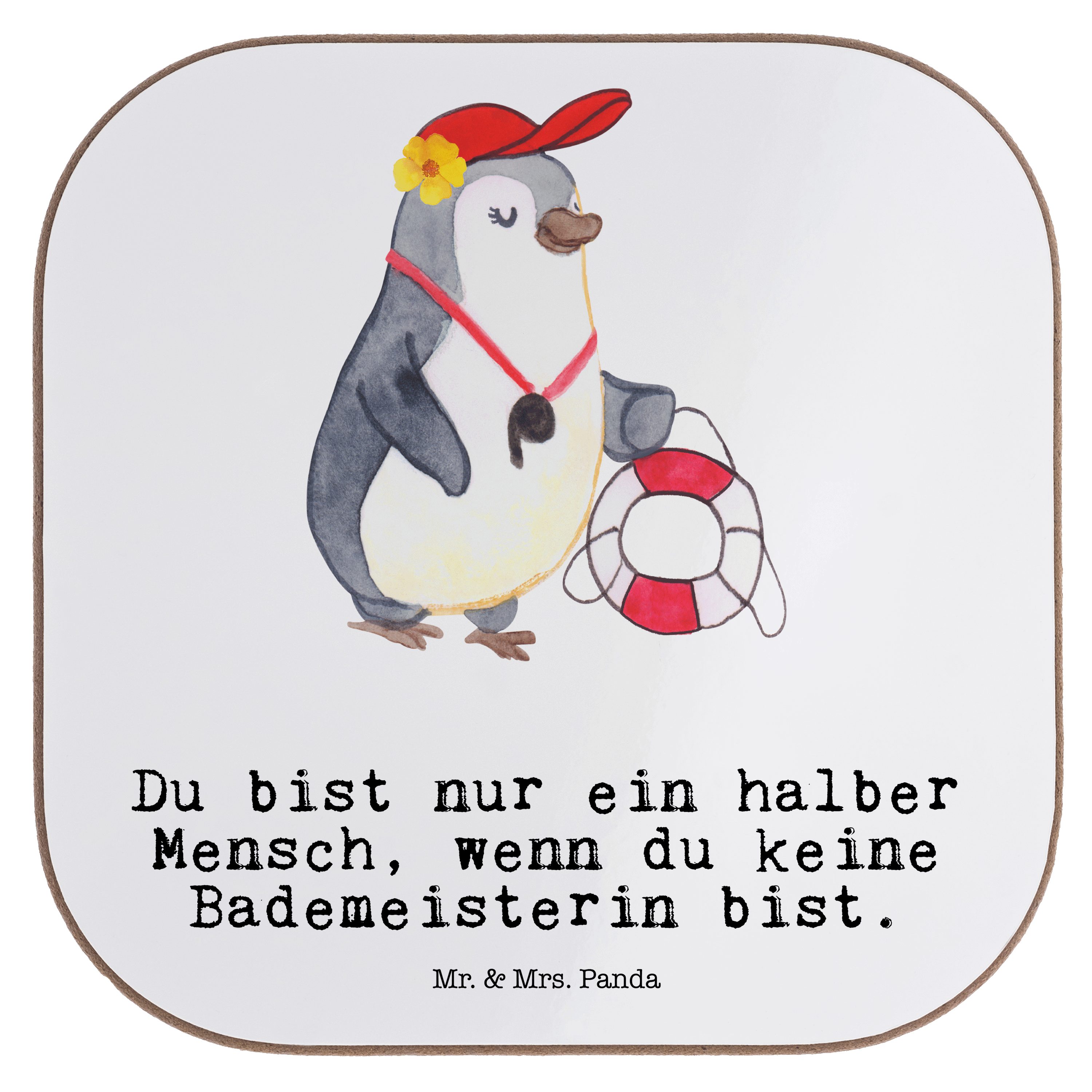 Mr. & Mrs. Panda Getränkeuntersetzer Bademeisterin mit Herz - Weiß - Geschenk, Rente, Badeanstalt, Schwimm, 1-tlg.