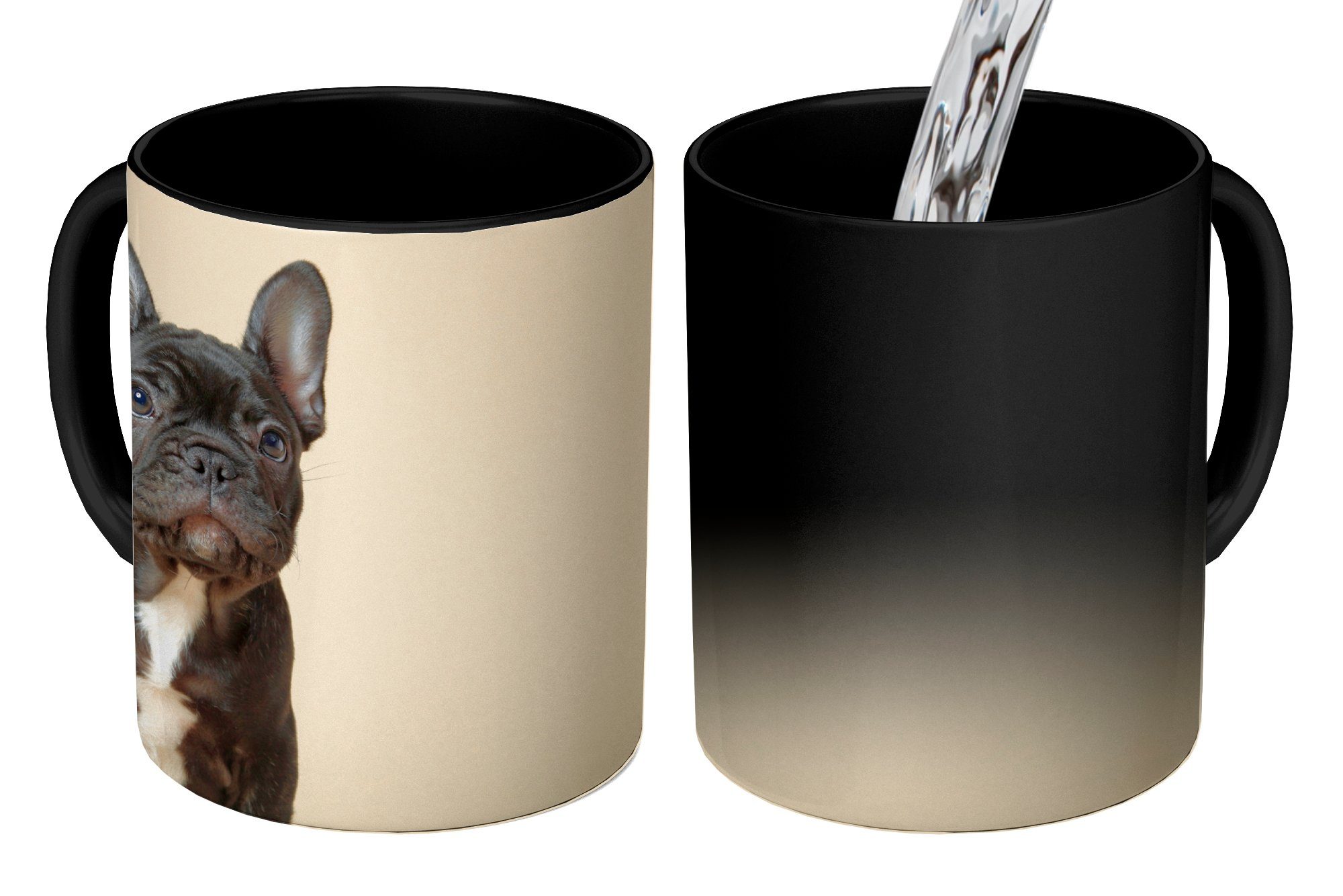 MuchoWow Kaffeetassen, - - Geschenk Beige, Bulldogge Französische Keramik, Farbwechsel, Zaubertasse, Teetasse, Schwarz Tasse