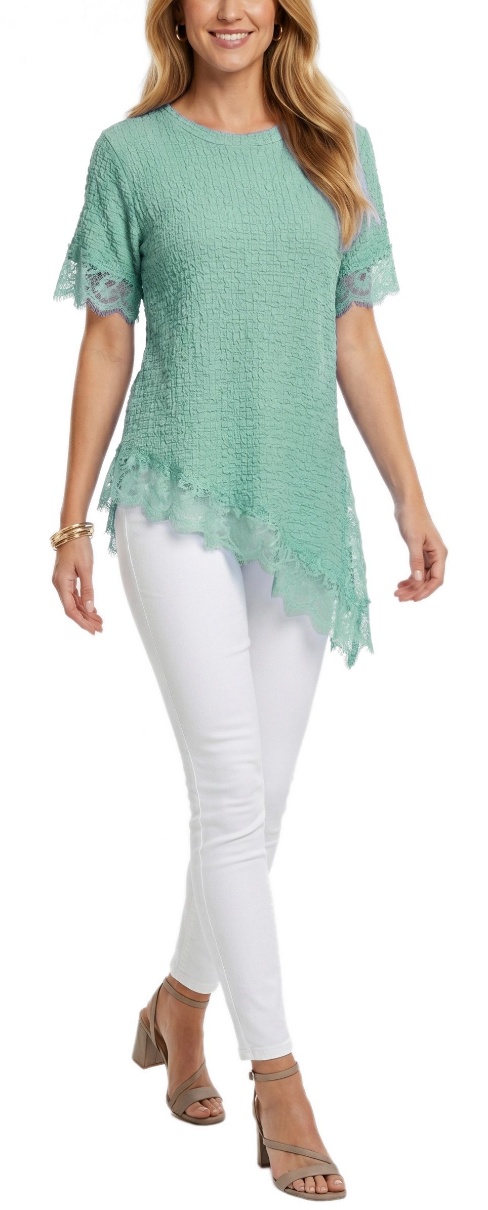 dy_mode Longtunika Damen Longshirt mit Spitzen Kurzarm Tunika in Knitter-Optik Oberteil in Unifarbe, Knitter-Optik, asymmetrisch mit Spitzen-Saum