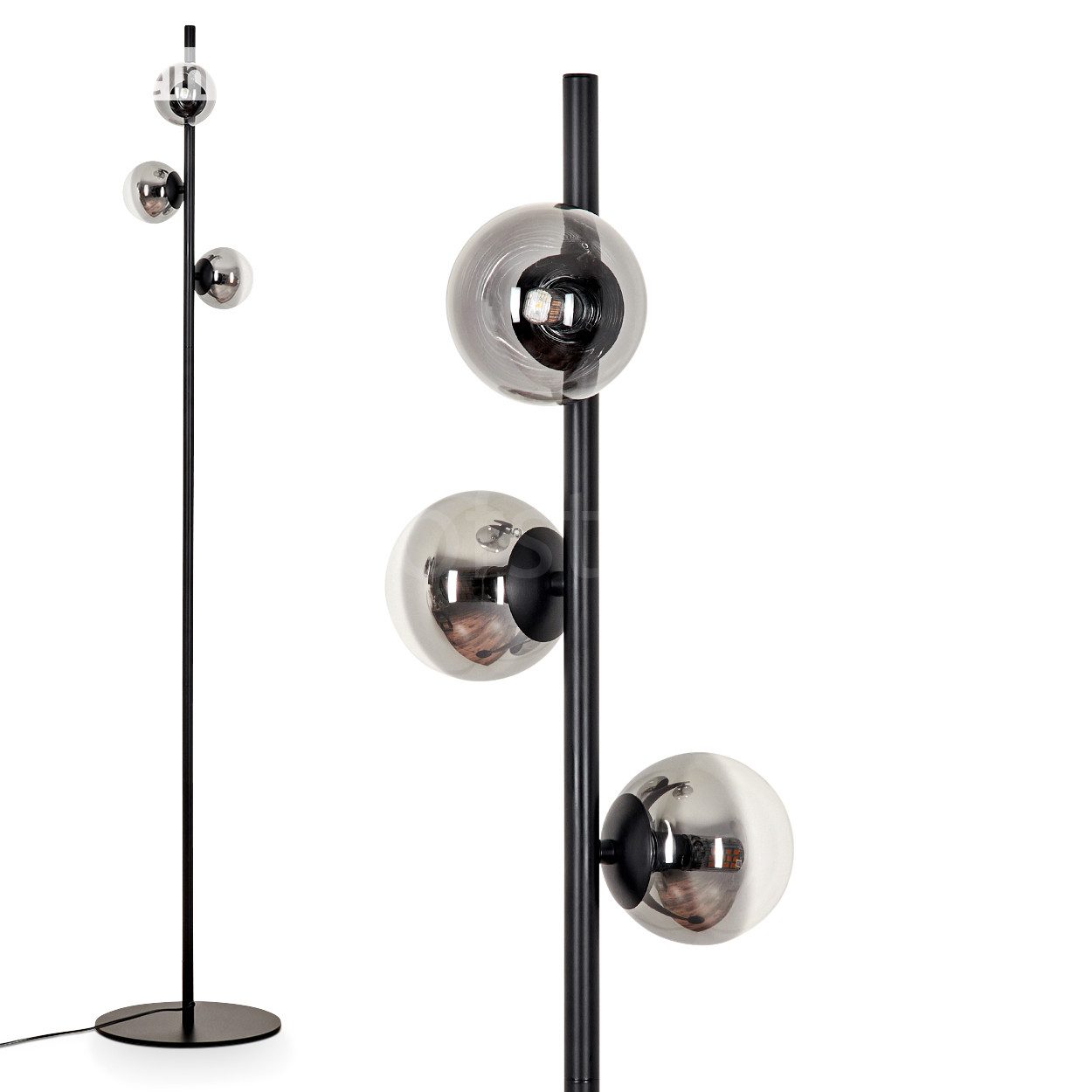 Stehlampe Stehlampe aus Metall/Glas in Schwarz/Rauchfarben/Klar