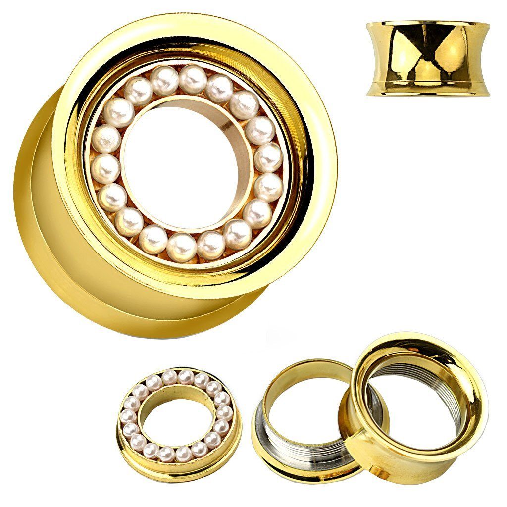 Taffstyle Plug Tunnel Piercing Double Gold Flesh Double Flared Inlay, Plug Ohr Inlay Tunnel mit Ohrpiercing Gold Flared Perlen Perlen