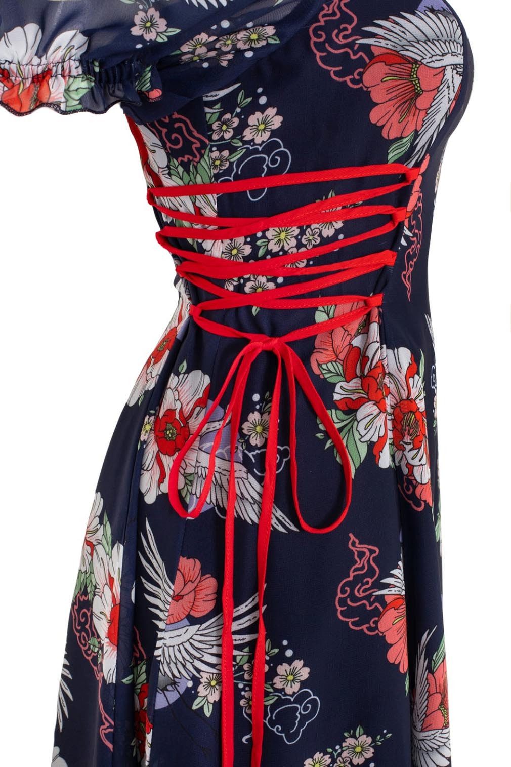 Hell Bunny Minikleid Misa Vintage Sommerkleid Schnürung Vögel Blumen Chiffon