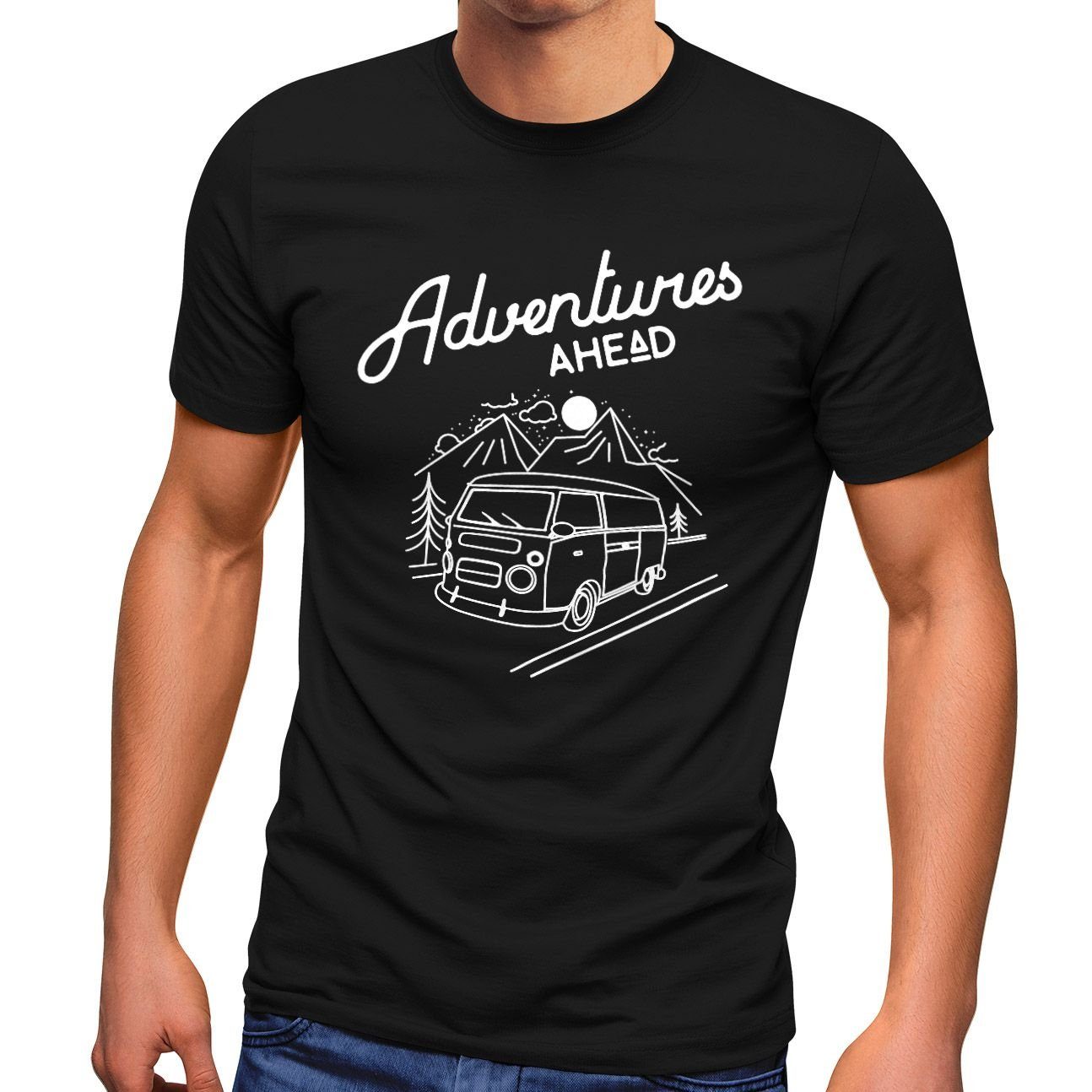 MoonWorks Print-Shirt Herren T-Shirt Bus Retro Abenteuer Adventures Ahead Moonworks® mit Print schwarz