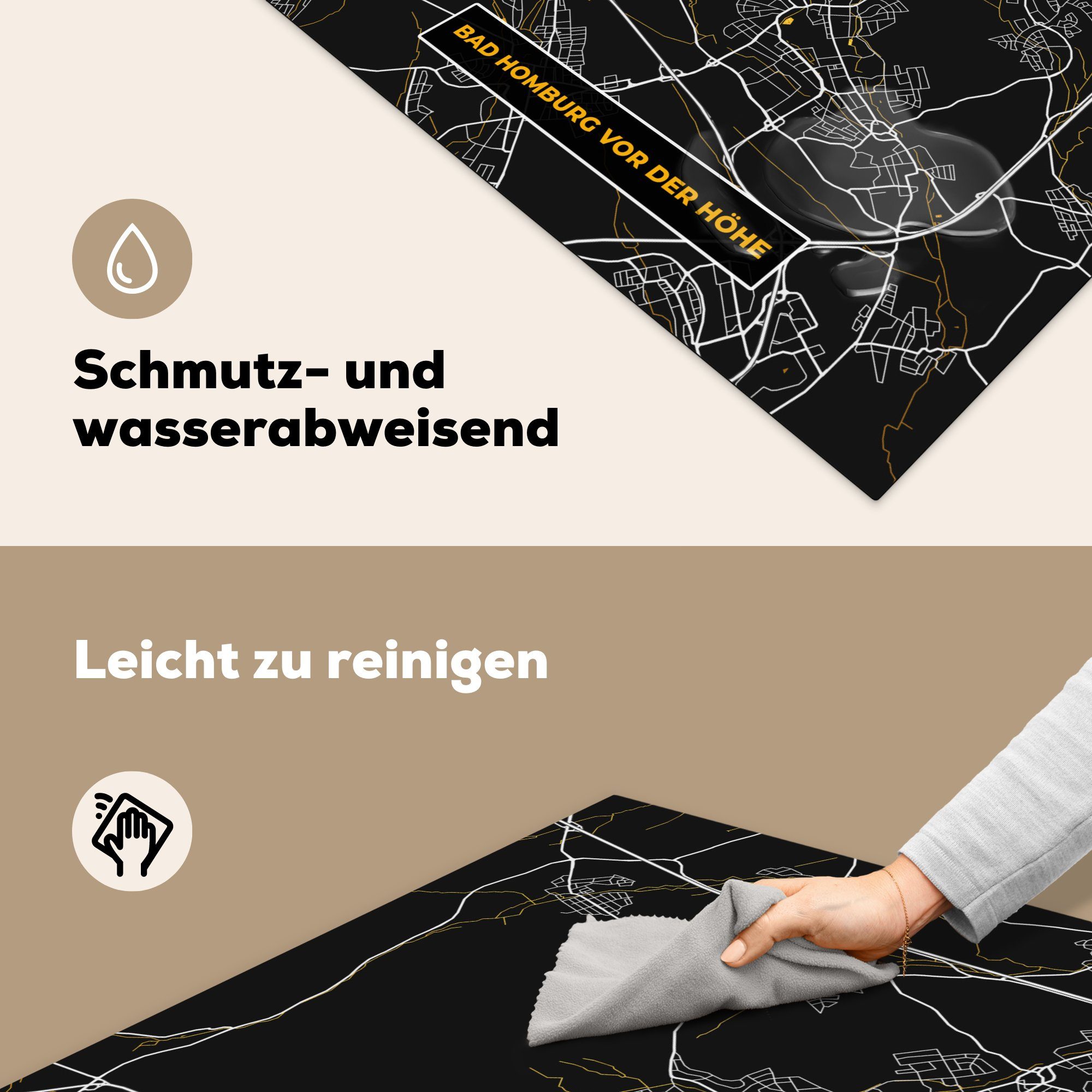 MuchoWow Arbeitsplatte tlg), Karte Deutschland, Höhe Vinyl, Stadtplan (1 Herdblende-/Abdeckplatte - - Gold küche - Bad - cm, Homburg Ceranfeldabdeckung, der 78x78 für vor