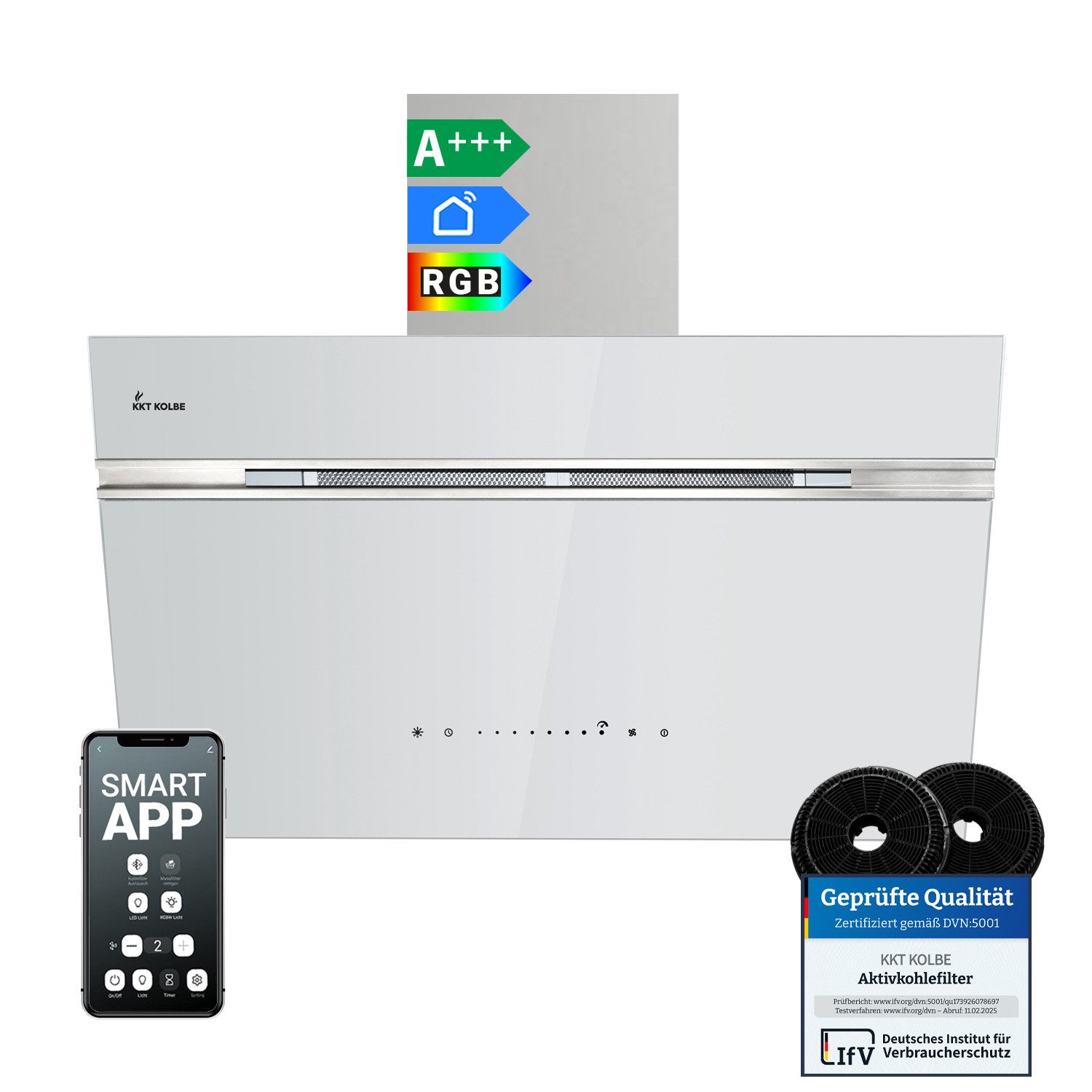 KKT KOLBE Wandhaube Dunstabzugshaube 80cm AURORA8005WED RGBW Ambientebeleuchtung Dunstabzugshaube 80cm AURORA8005WED RGBW Ambientebeleuchtung, Kopffreihaube / Umluft / Abluft / Smart WiFi-App / Weiß / Glas