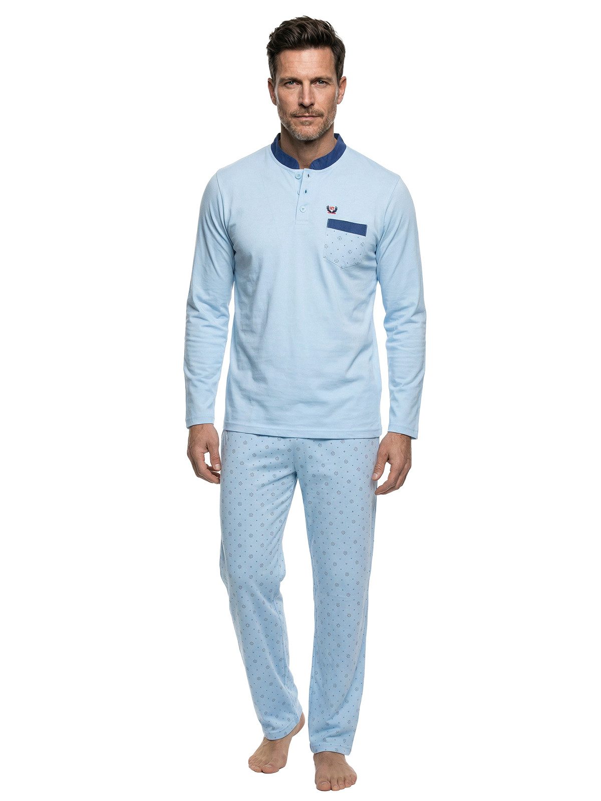 Henry Terre Pyjama Bruno Langarm- Stehkragen Shirt Uni gemusterte Hose Brusttasche – Bild 2 von 5